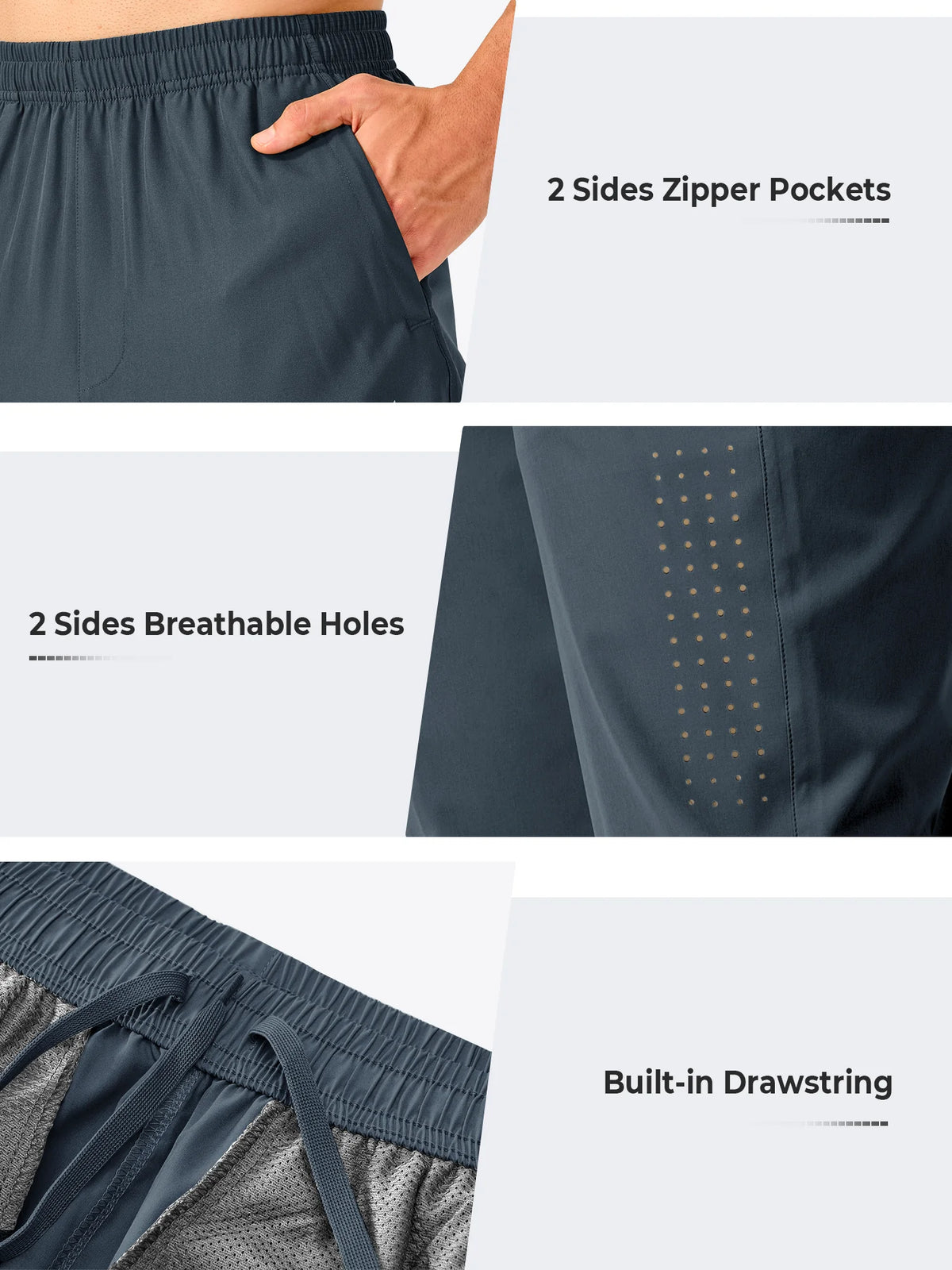 
Men's Open-Bottom Running Workout Pants with 3 Zipper Pockets — NORTHYARD men's cool grey open-bottom workout pants, zipper pocket, ventilation and waistband details — cool grey