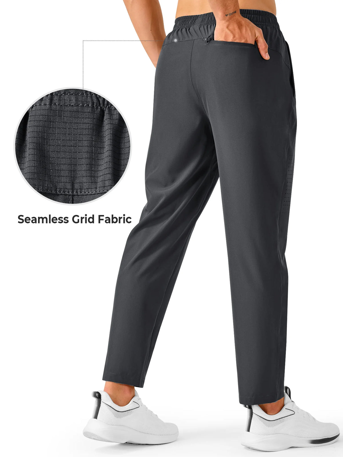 
Men's Open-Bottom Running Workout Pants with 3 Zipper Pockets — NORTHYARD men's dark grey open-bottom workout pants, back view and fabric detail — dark grey