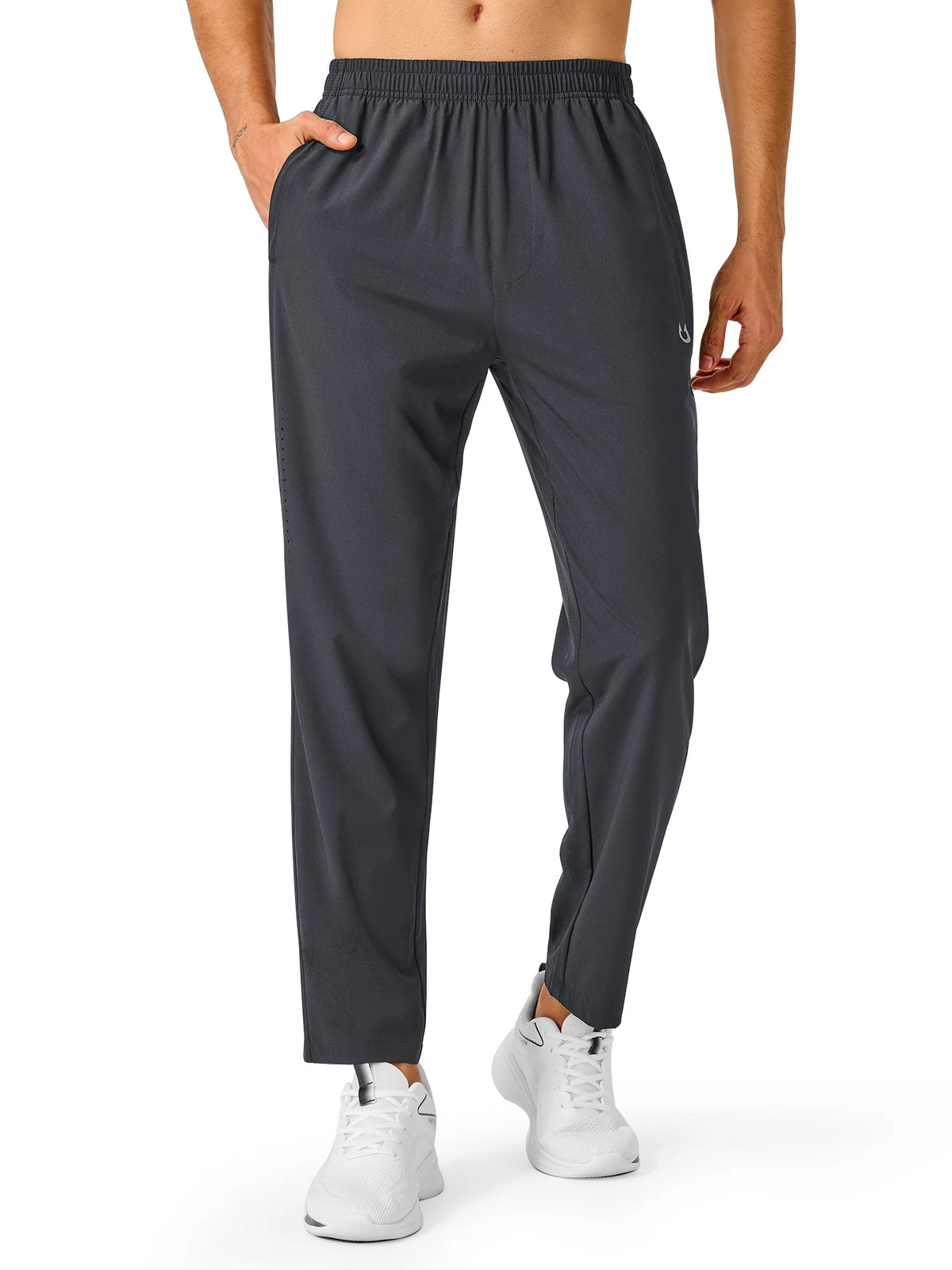 
Men's Open-Bottom Running Workout Pants with 3 Zipper Pockets — NORTHYARD men's dark grey open-bottom workout pants, alternate front view on model — dark grey
