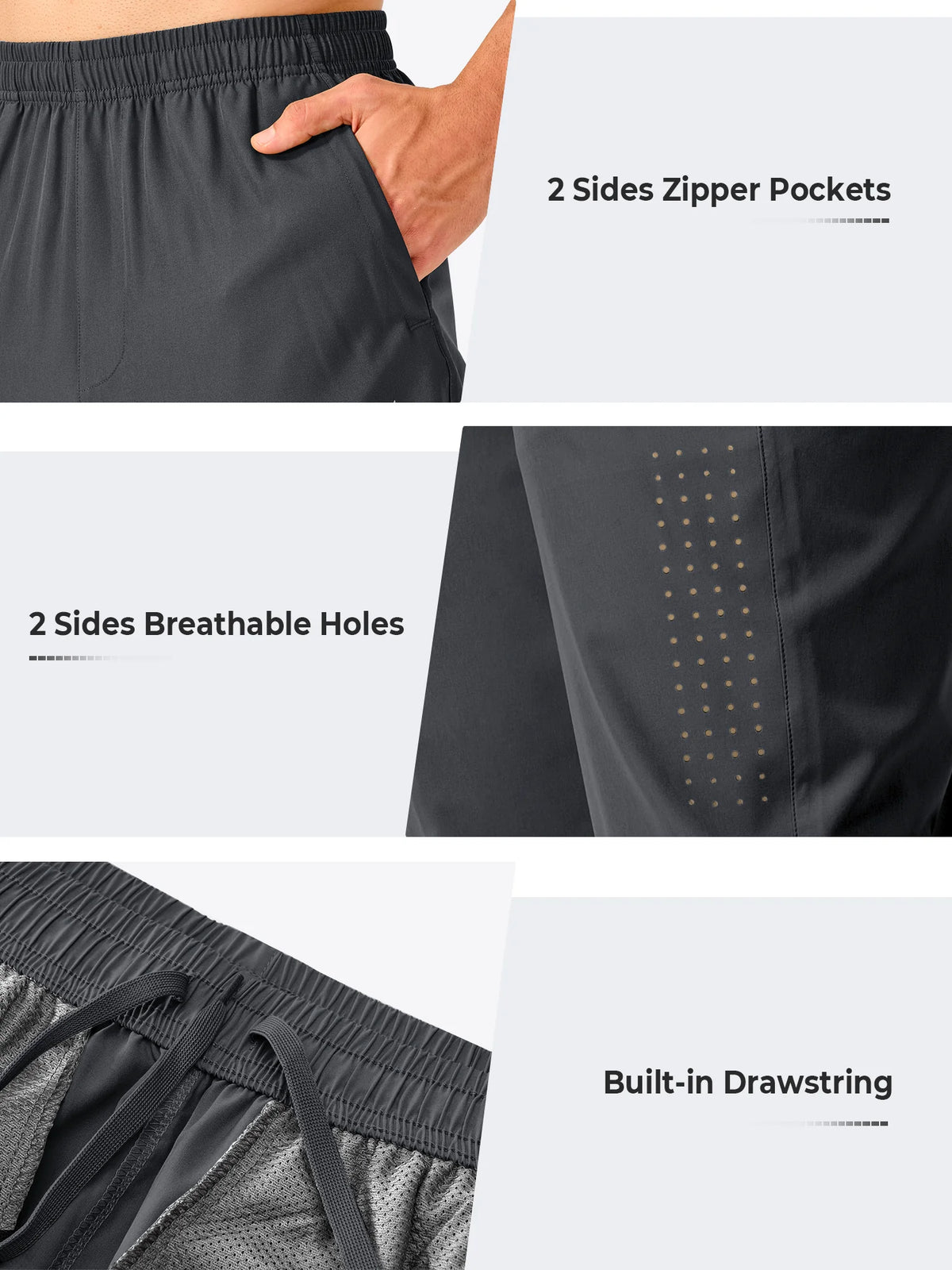 
Men's Open-Bottom Running Workout Pants with 3 Zipper Pockets — NORTHYARD men's dark grey open-bottom workout pants, zipper pocket, ventilation and waistband details — dark grey