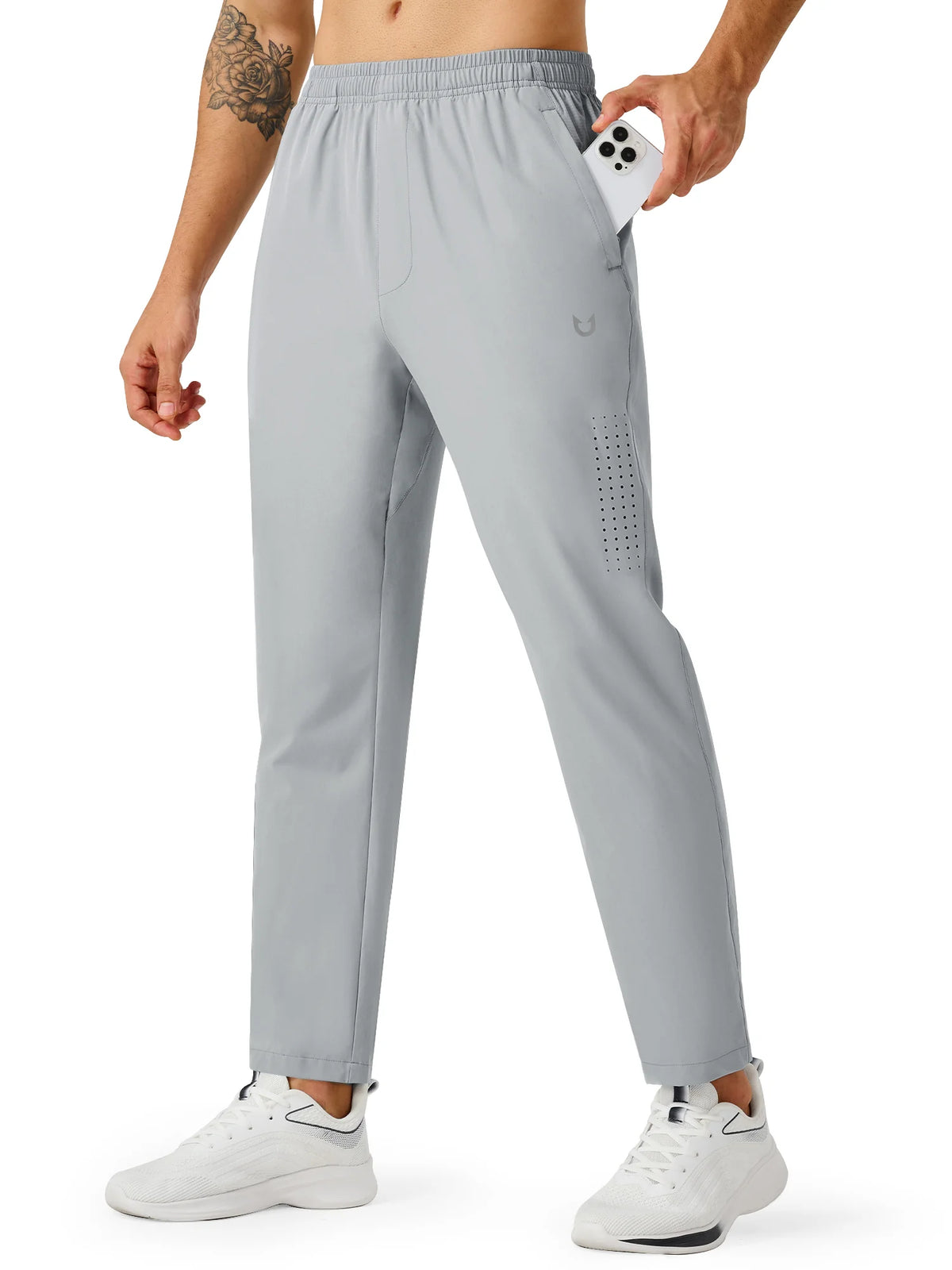 
Men's Open-Bottom Running Workout Pants with 3 Zipper Pockets — NORTHYARD men's light grey open-bottom workout pants, front view on model — light grey