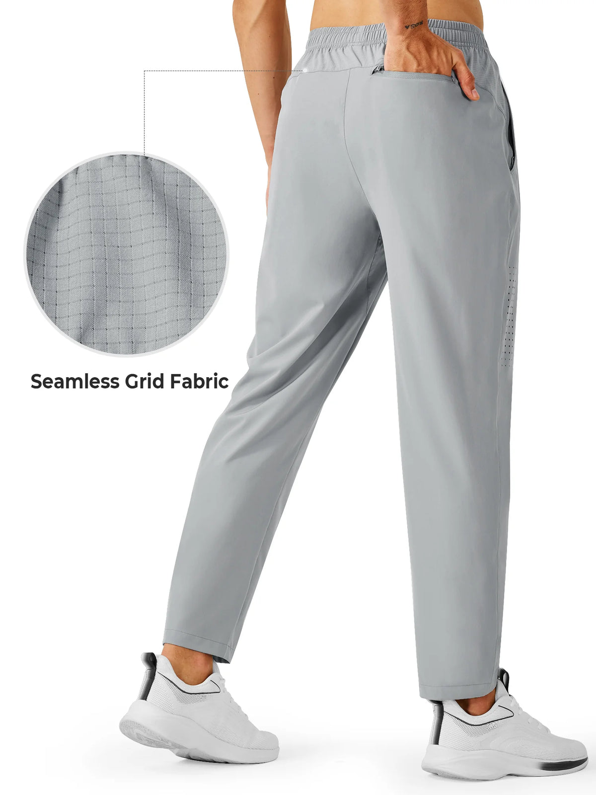 
Men's Open-Bottom Running Workout Pants with 3 Zipper Pockets — NORTHYARD men's light grey open-bottom workout pants, back view and fabric detail — light grey