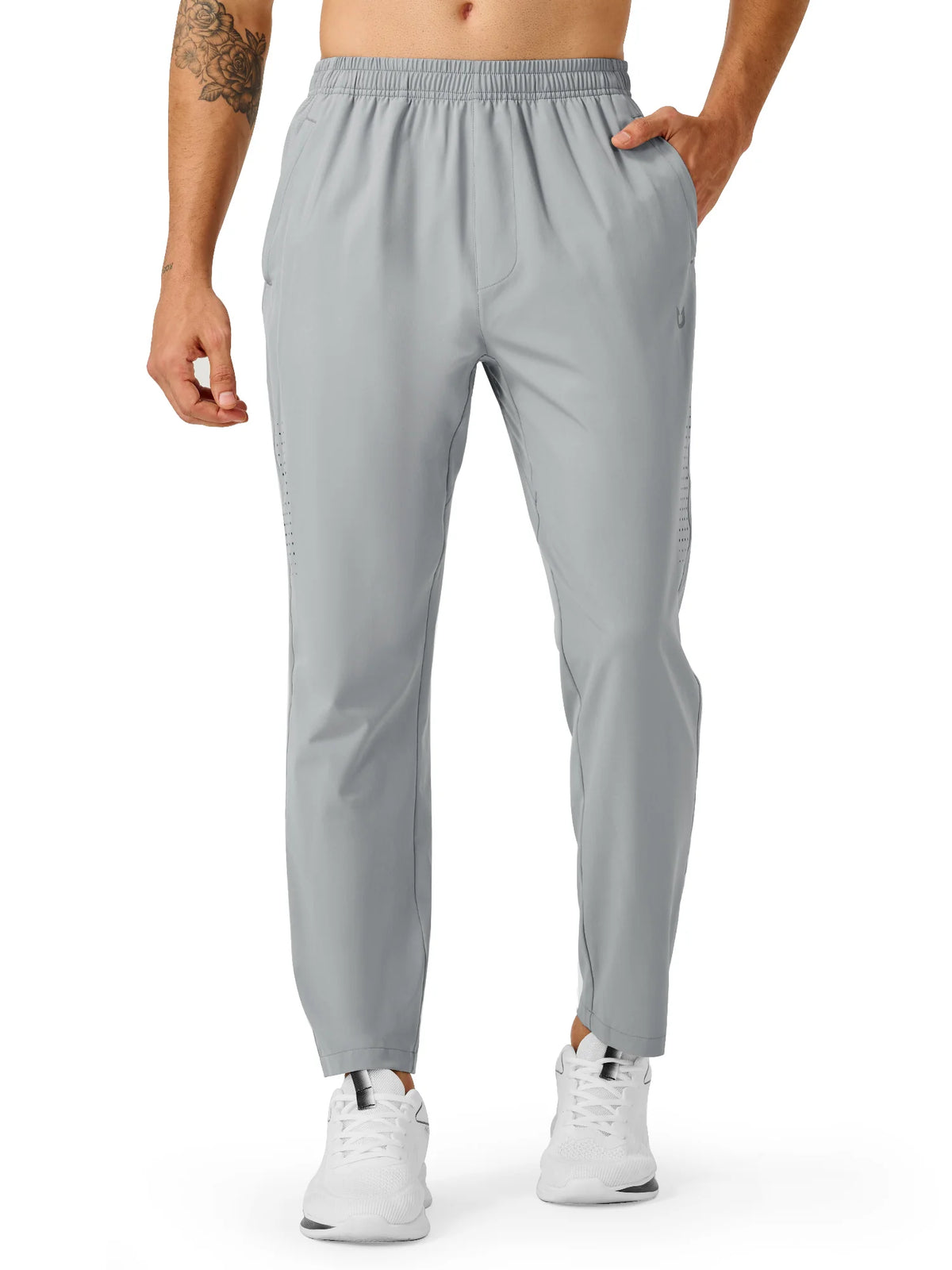 
Men's Open-Bottom Running Workout Pants with 3 Zipper Pockets — NORTHYARD men's light grey open-bottom workout pants, alternate front view on model — light grey