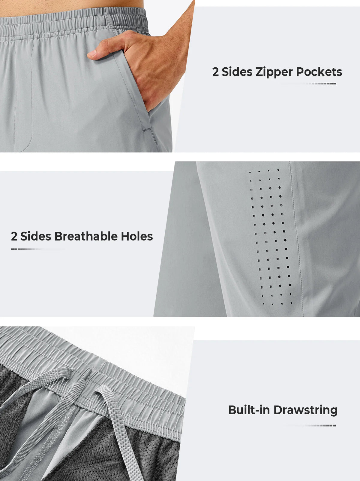 
Men's Open-Bottom Running Workout Pants with 3 Zipper Pockets — NORTHYARD men's light grey open-bottom workout pants, zipper pocket, ventilation and waistband details — light grey