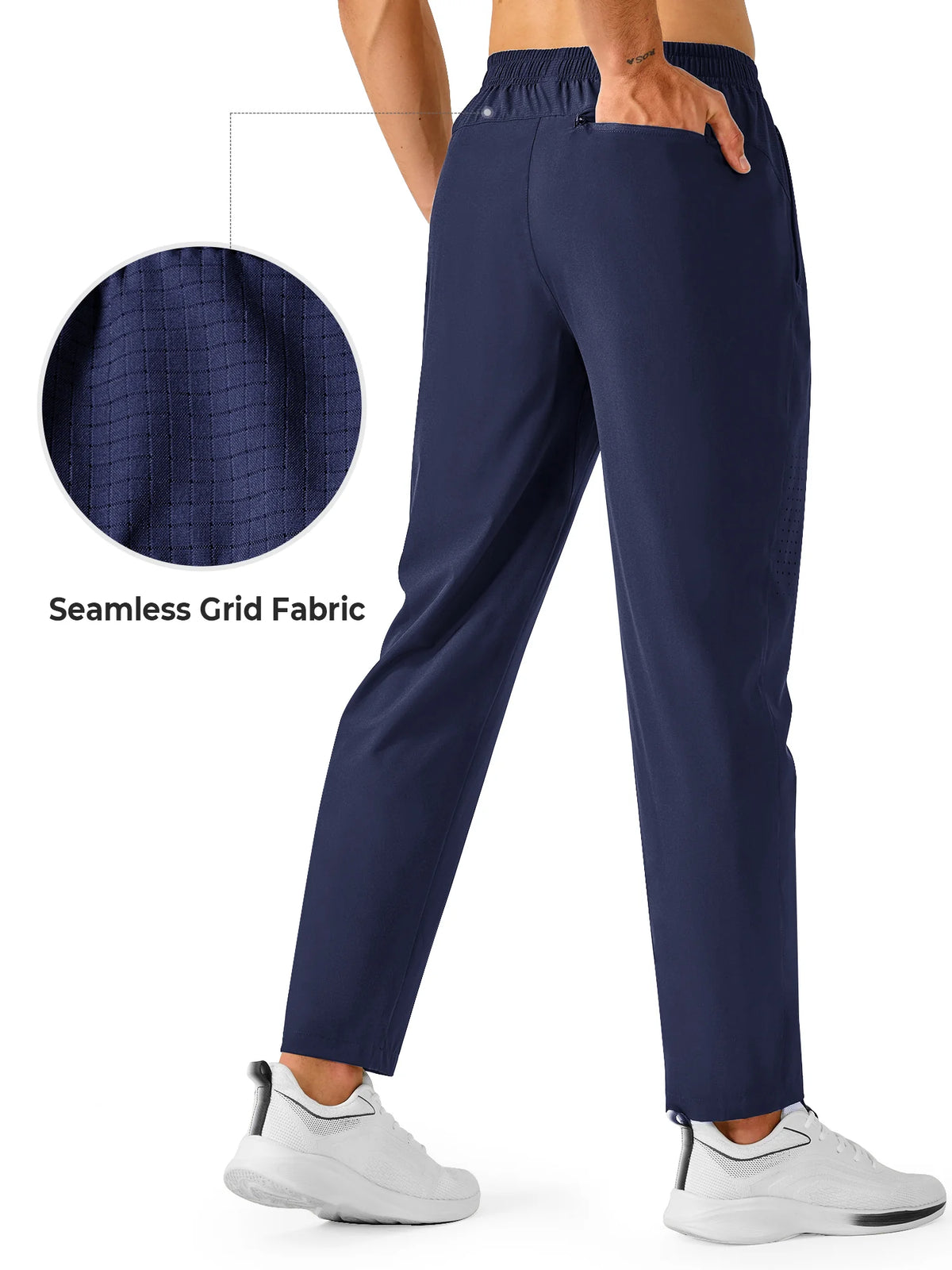 
Men's Open-Bottom Running Workout Pants with 3 Zipper Pockets — NORTHYARD men's navy open-bottom workout pants, back view and fabric detail — navy