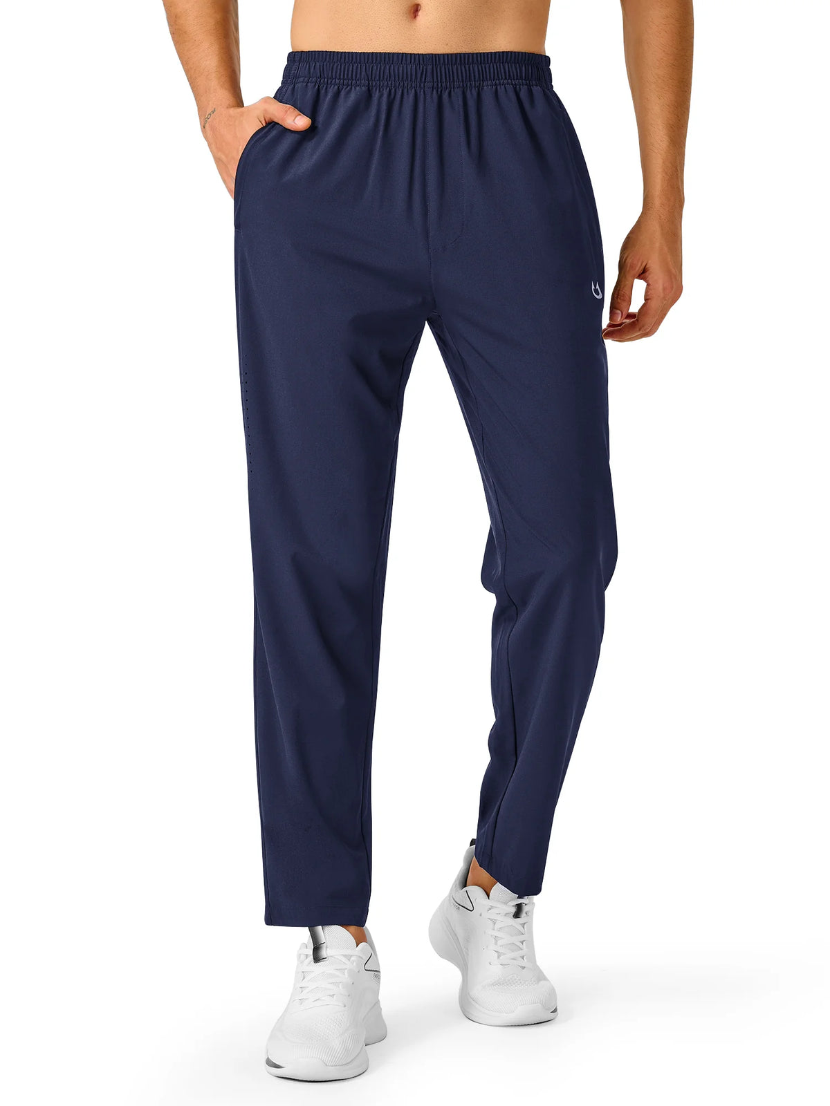 
Men's Open-Bottom Running Workout Pants with 3 Zipper Pockets — NORTHYARD men's navy open-bottom workout pants, alternate front view on model — navy