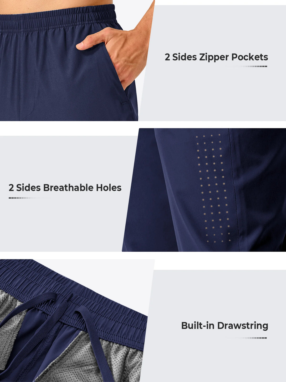 
Men's Open-Bottom Running Workout Pants with 3 Zipper Pockets — NORTHYARD men's navy open-bottom workout pants, zipper pocket, ventilation and waistband details — navy