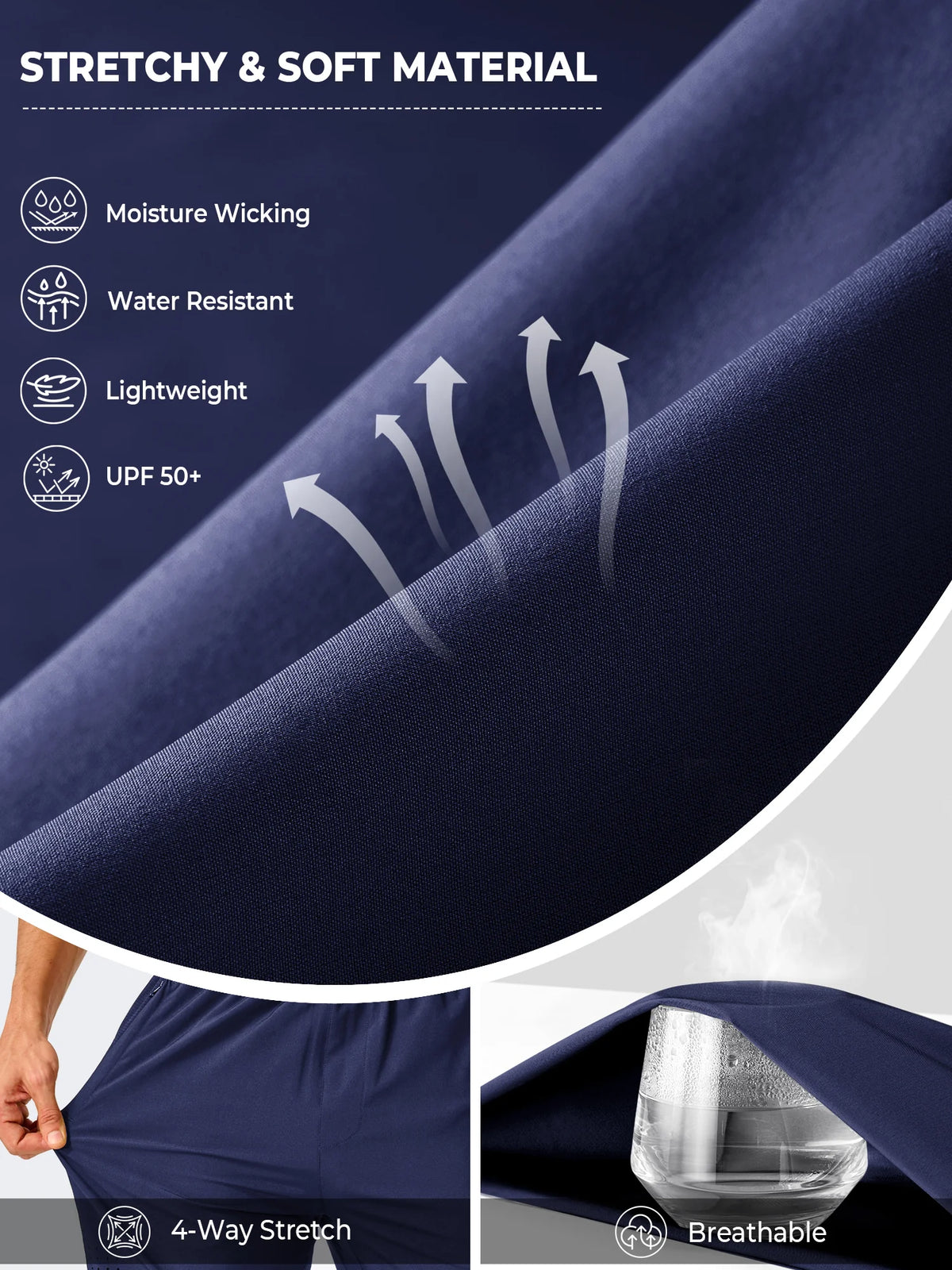 
Men's Open-Bottom Running Workout Pants with 3 Zipper Pockets — NORTHYARD men's navy open-bottom workout pants, fabric feature graphic — navy