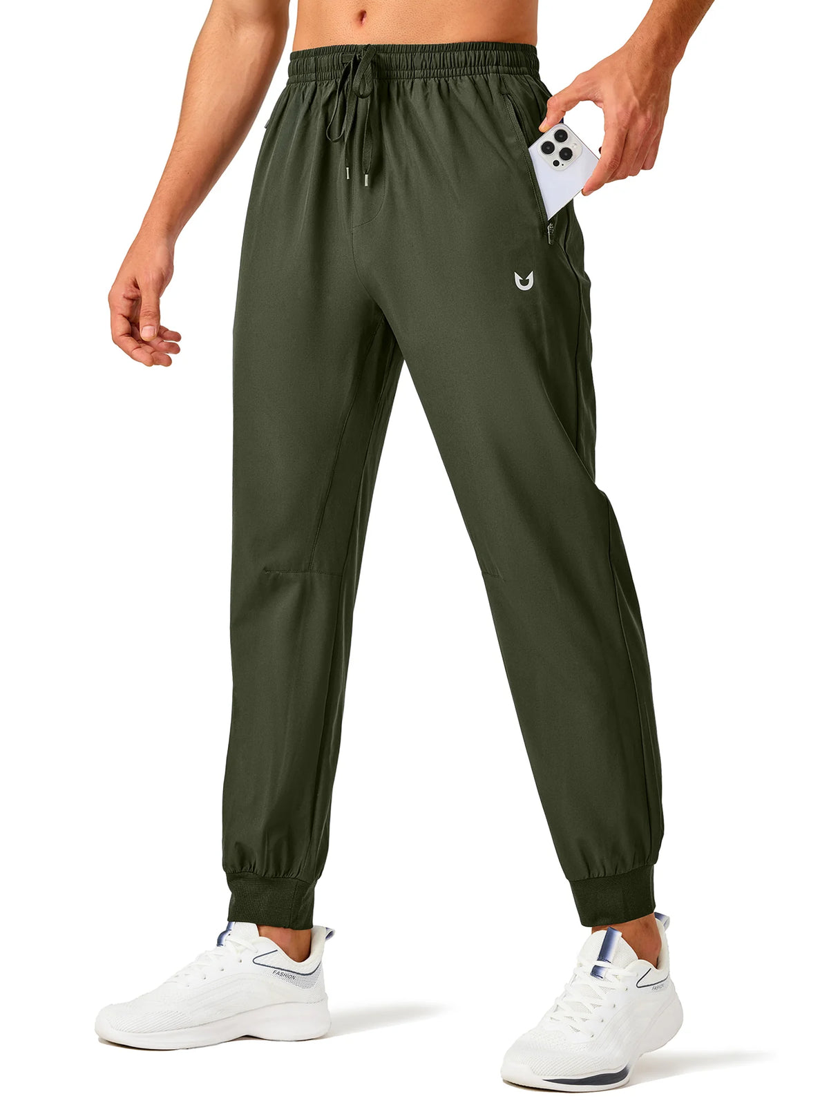 
Men's Tapered Running Workout Joggers with 3 Zipper Pockets — NORTHYARD men's army green tapered workout joggers, front view on model — army green