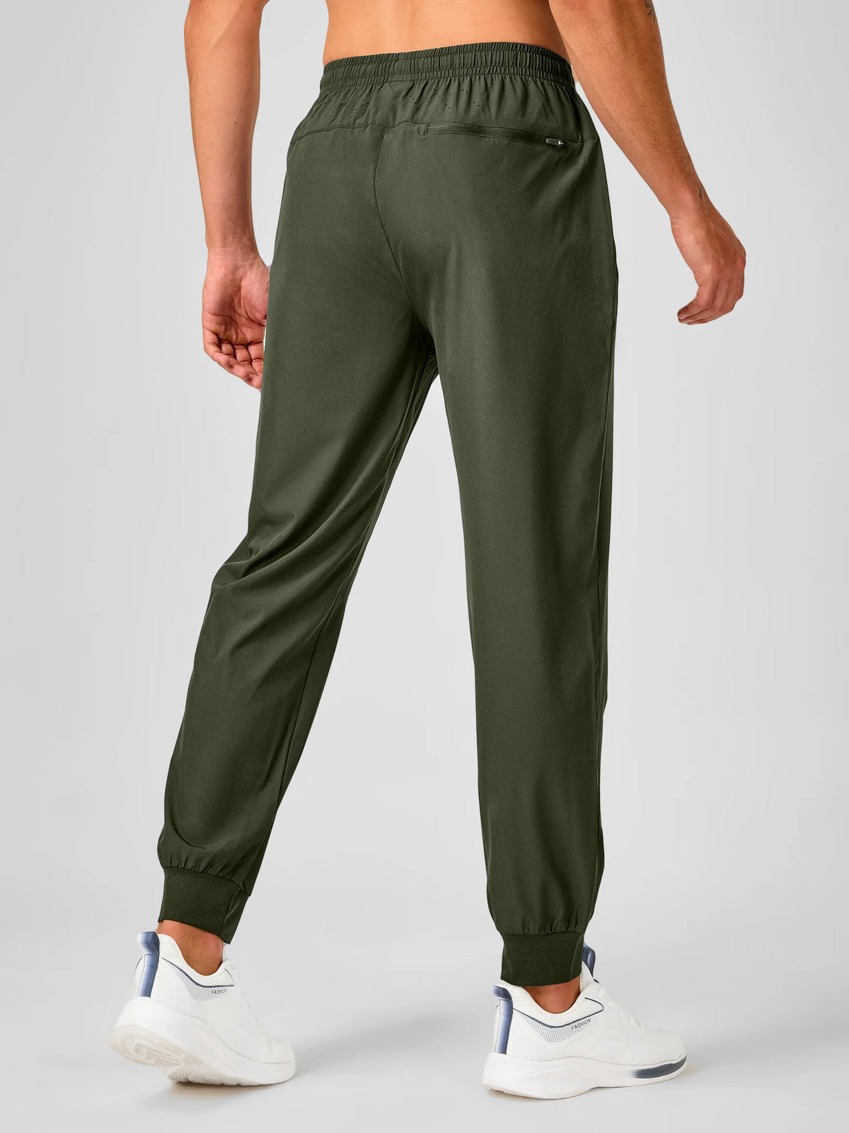
Men's Tapered Running Workout Joggers with 3 Zipper Pockets — NORTHYARD men's army green tapered workout joggers, back view on model — army green