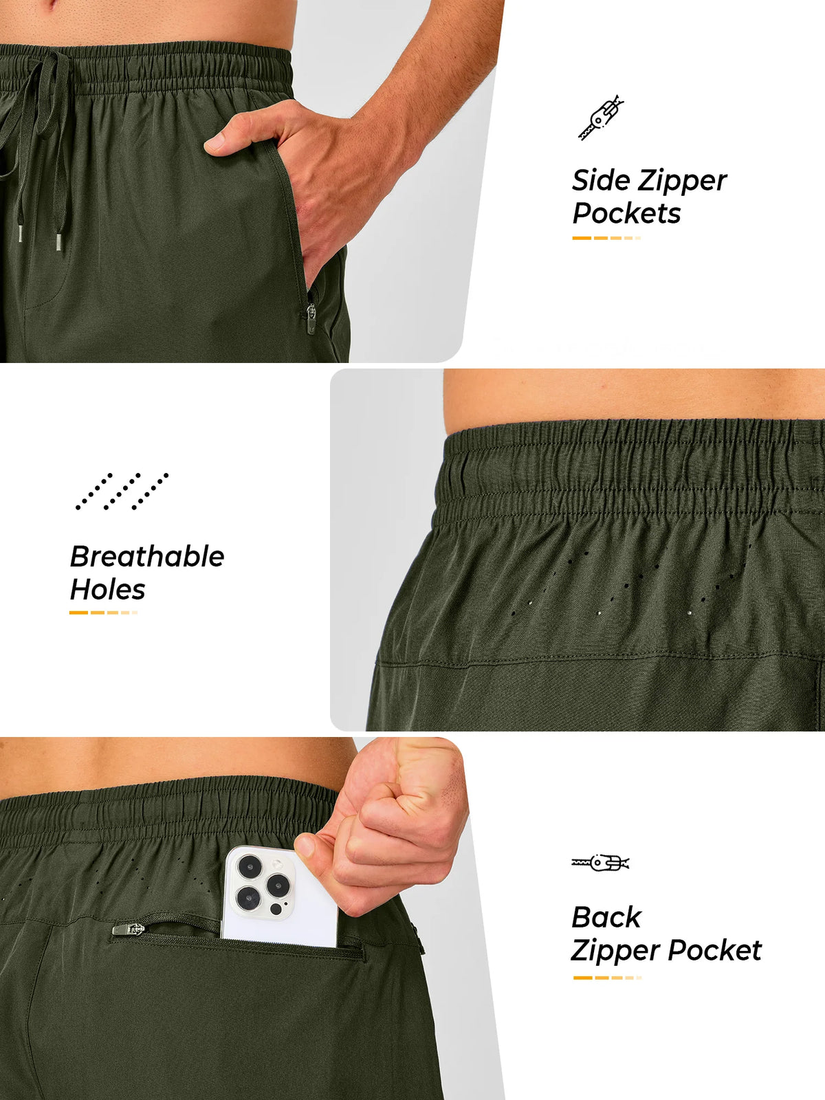 
Men's Tapered Running Workout Joggers with 3 Zipper Pockets — NORTHYARD men's army green tapered workout joggers, zipper pocket and ventilation details — army green