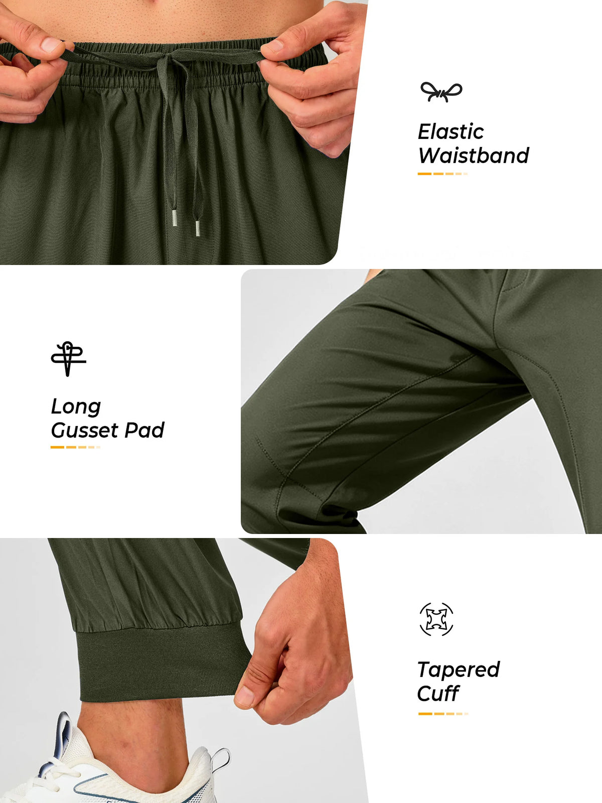 
Men's Tapered Running Workout Joggers with 3 Zipper Pockets — NORTHYARD men's army green tapered workout joggers, waistband, gusset and ankle cuff details — army green