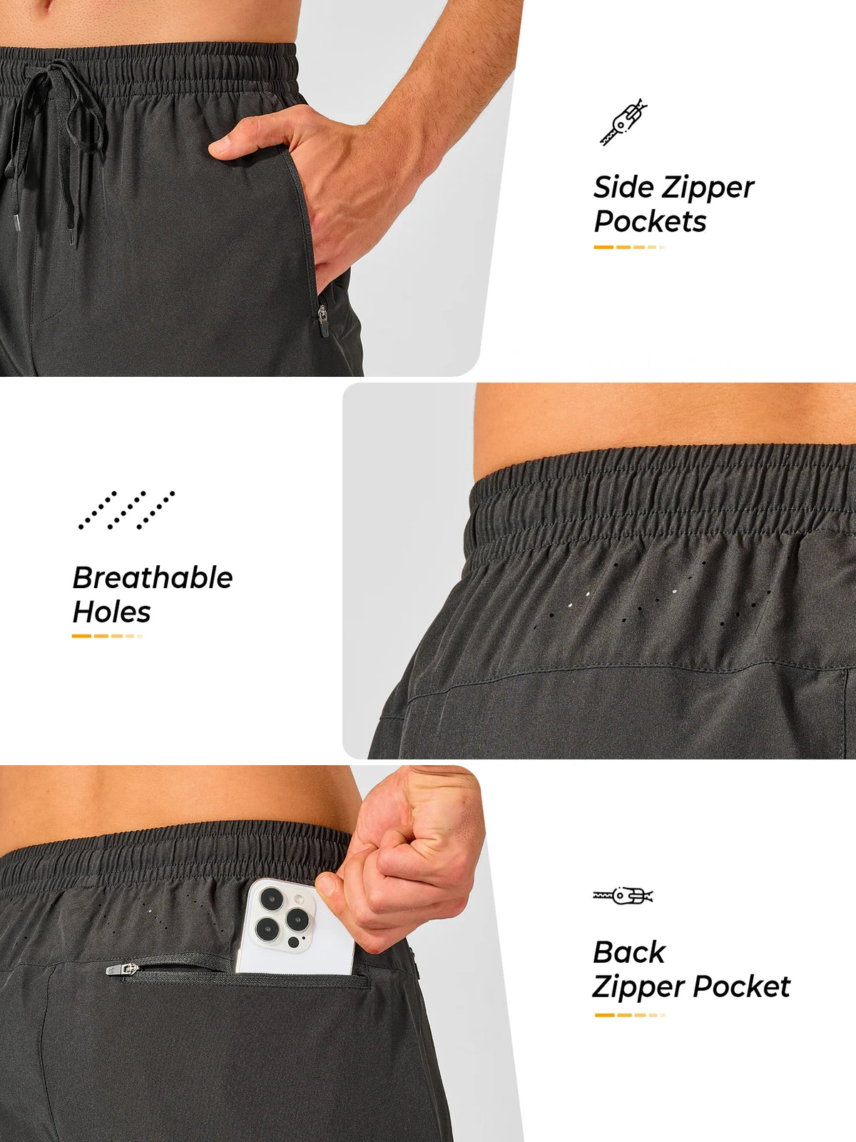 
Men's Tapered Running Workout Joggers with 3 Zipper Pockets — NORTHYARD men's black tapered workout joggers, zipper pocket and ventilation details — black
