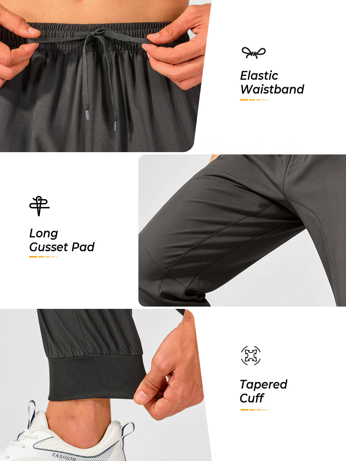 
Men's Tapered Running Workout Joggers with 3 Zipper Pockets — NORTHYARD men's black tapered workout joggers, waistband, gusset and ankle cuff details — black