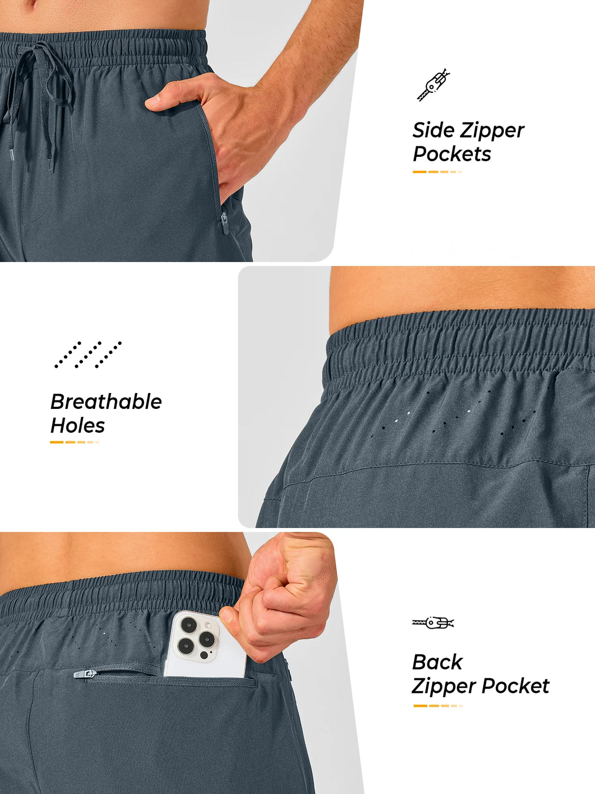 
Men's Tapered Running Workout Joggers with 3 Zipper Pockets — NORTHYARD men's cool grey tapered workout joggers, zipper pocket and ventilation details — cool grey