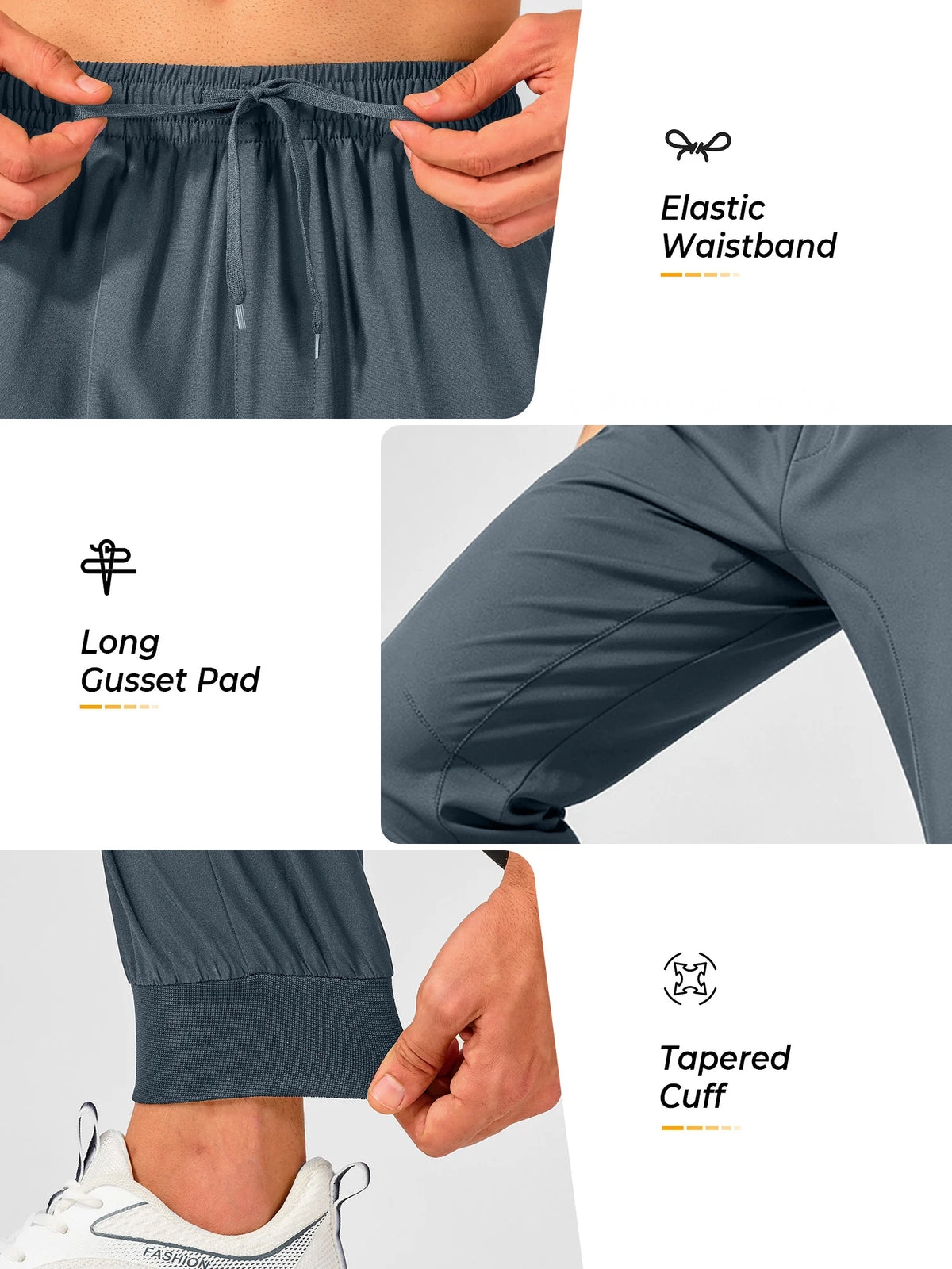 
Men's Tapered Running Workout Joggers with 3 Zipper Pockets — NORTHYARD men's cool grey tapered workout joggers, waistband, gusset and ankle cuff details — cool grey