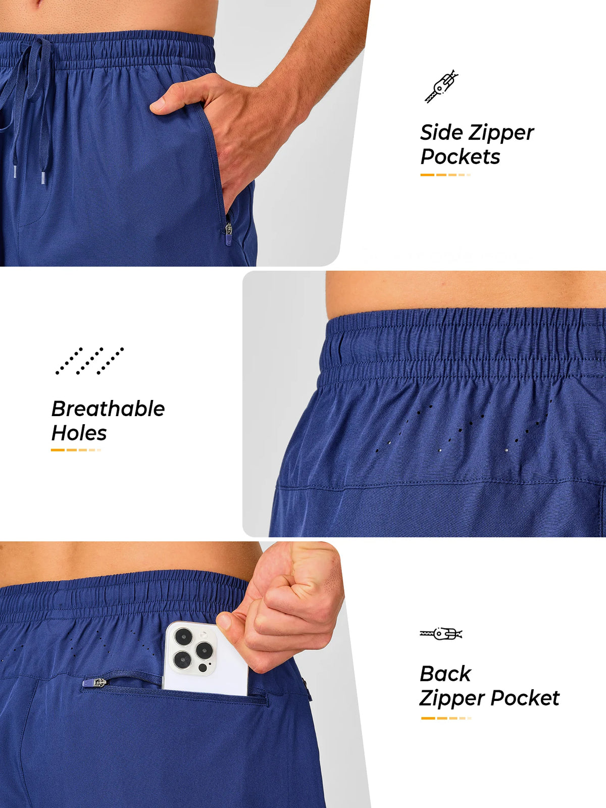 
Men's Tapered Running Workout Joggers with 3 Zipper Pockets — NORTHYARD men's dark blue tapered workout joggers, zipper pocket and ventilation details — dark blue