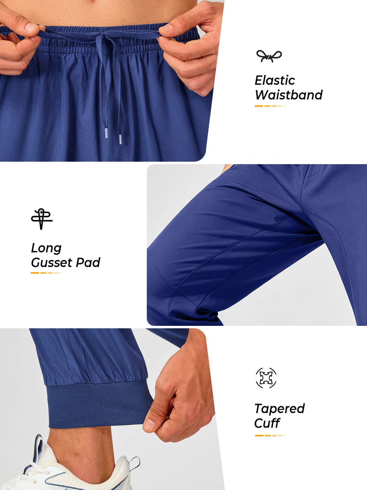 
Men's Tapered Running Workout Joggers with 3 Zipper Pockets — NORTHYARD men's dark blue tapered workout joggers, waistband, gusset and ankle cuff details — dark blue