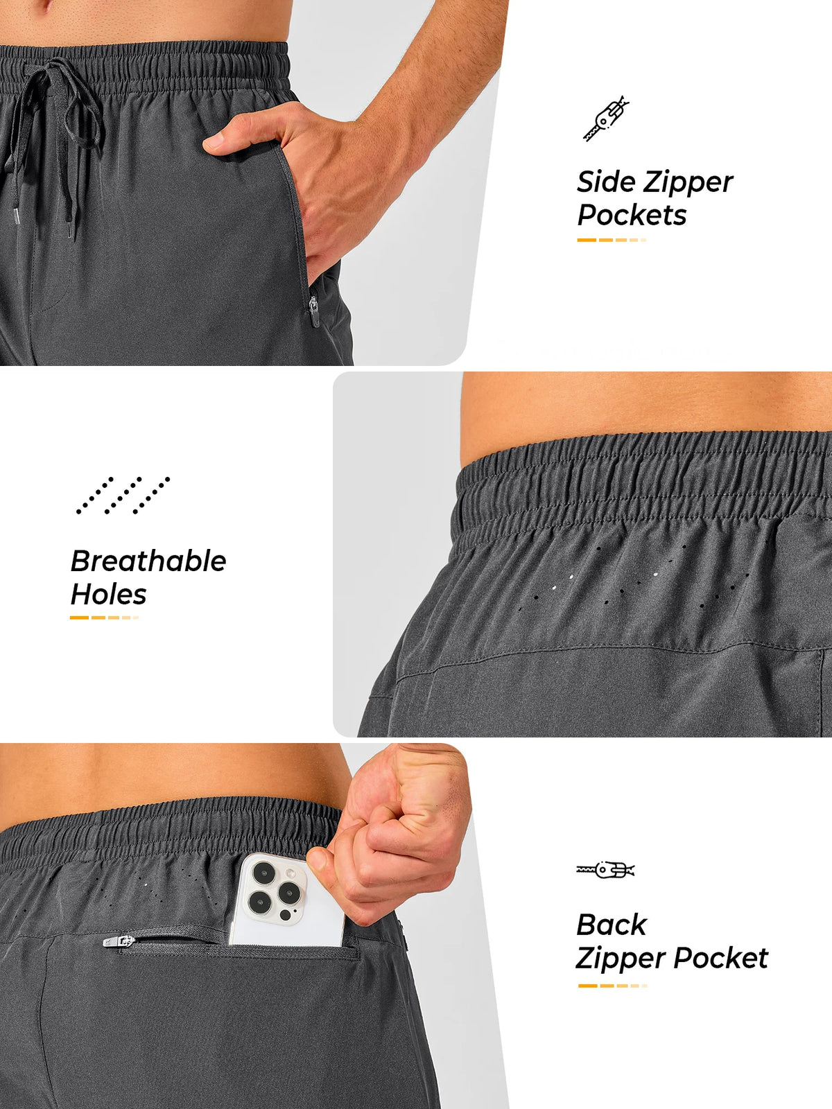 
Men's Tapered Running Workout Joggers with 3 Zipper Pockets — NORTHYARD men's dark grey tapered workout joggers, zipper pocket and ventilation details — dark grey
