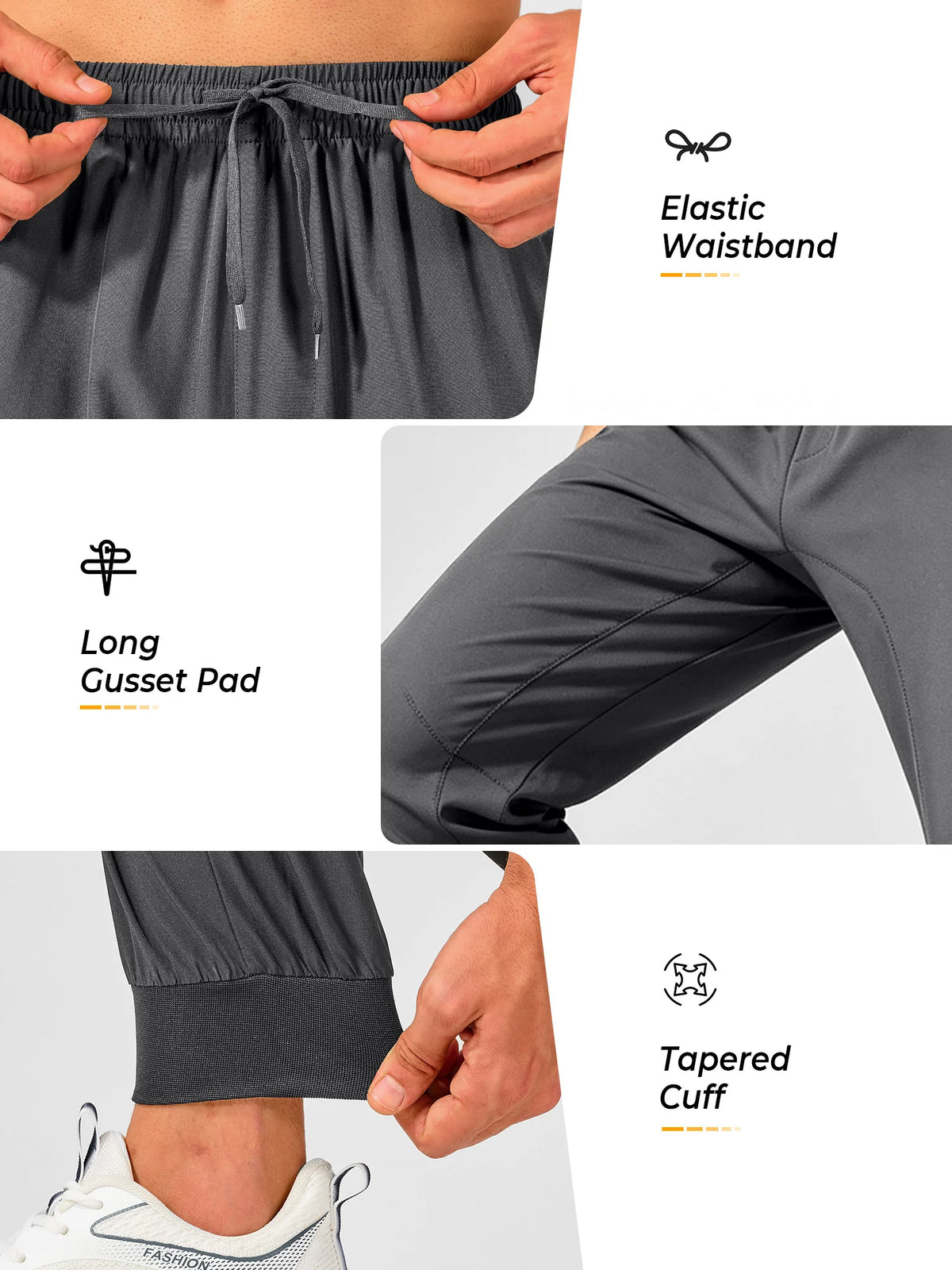 
Men's Tapered Running Workout Joggers with 3 Zipper Pockets — NORTHYARD men's dark grey tapered workout joggers, waistband, gusset and ankle cuff details — dark grey
