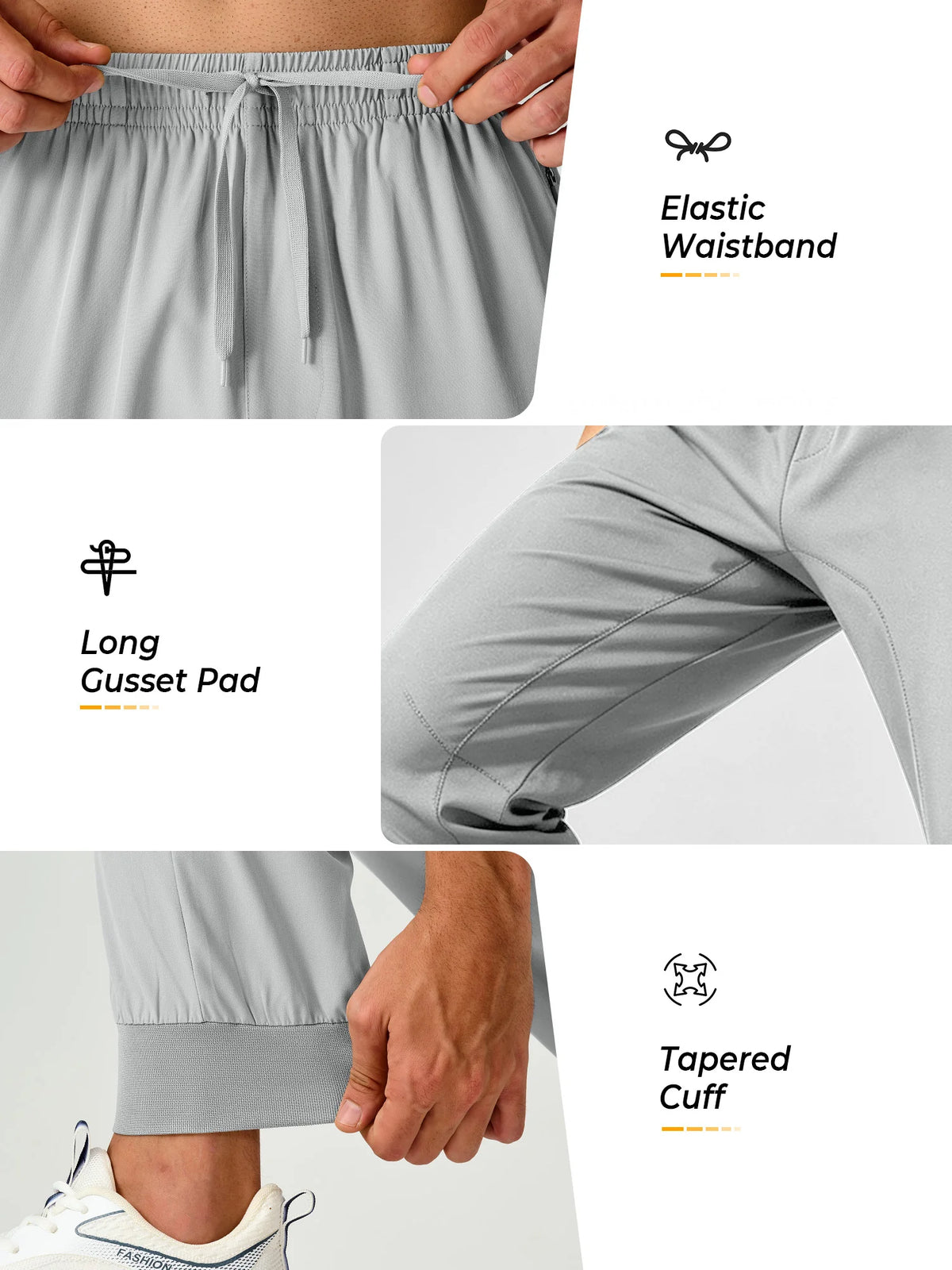 
Men's Tapered Running Workout Joggers with 3 Zipper Pockets — NORTHYARD men's light grey tapered workout joggers, waistband, gusset and ankle cuff details — light grey