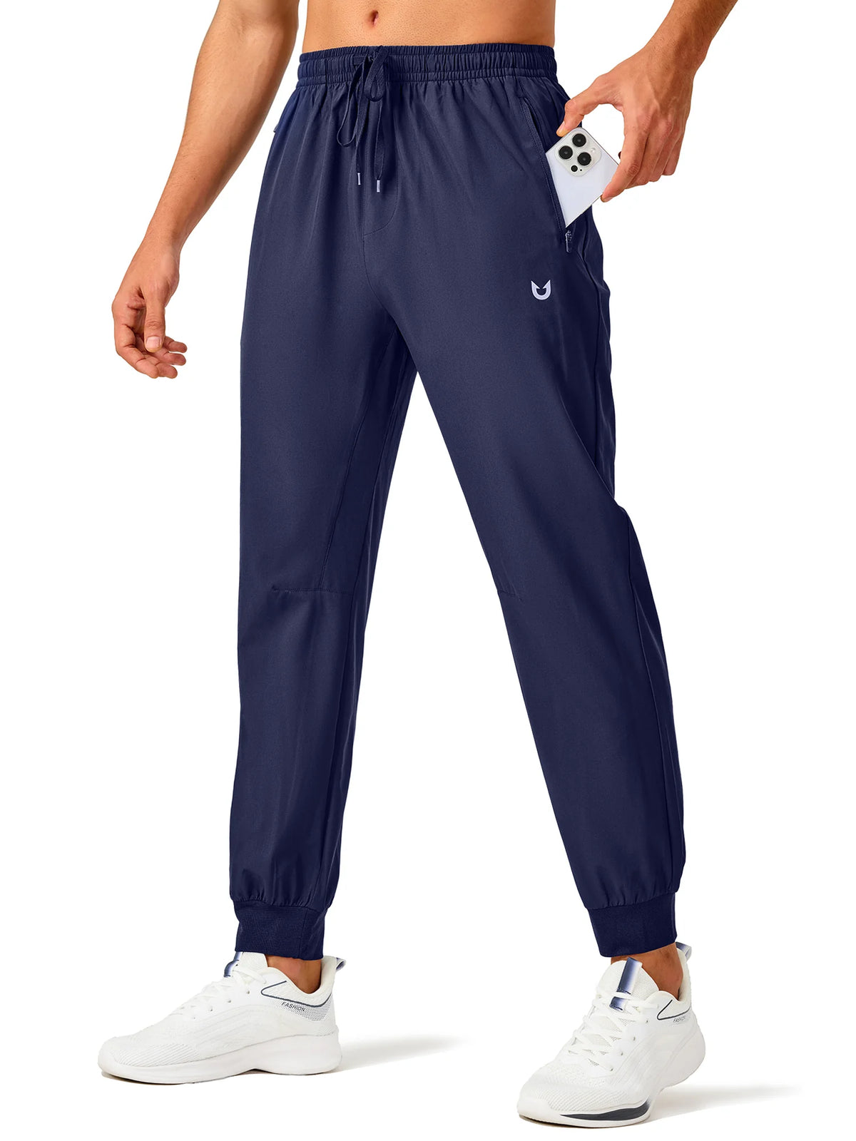 
Men's Tapered Running Workout Joggers with 3 Zipper Pockets — NORTHYARD men's navy tapered workout joggers, front view on model — navy