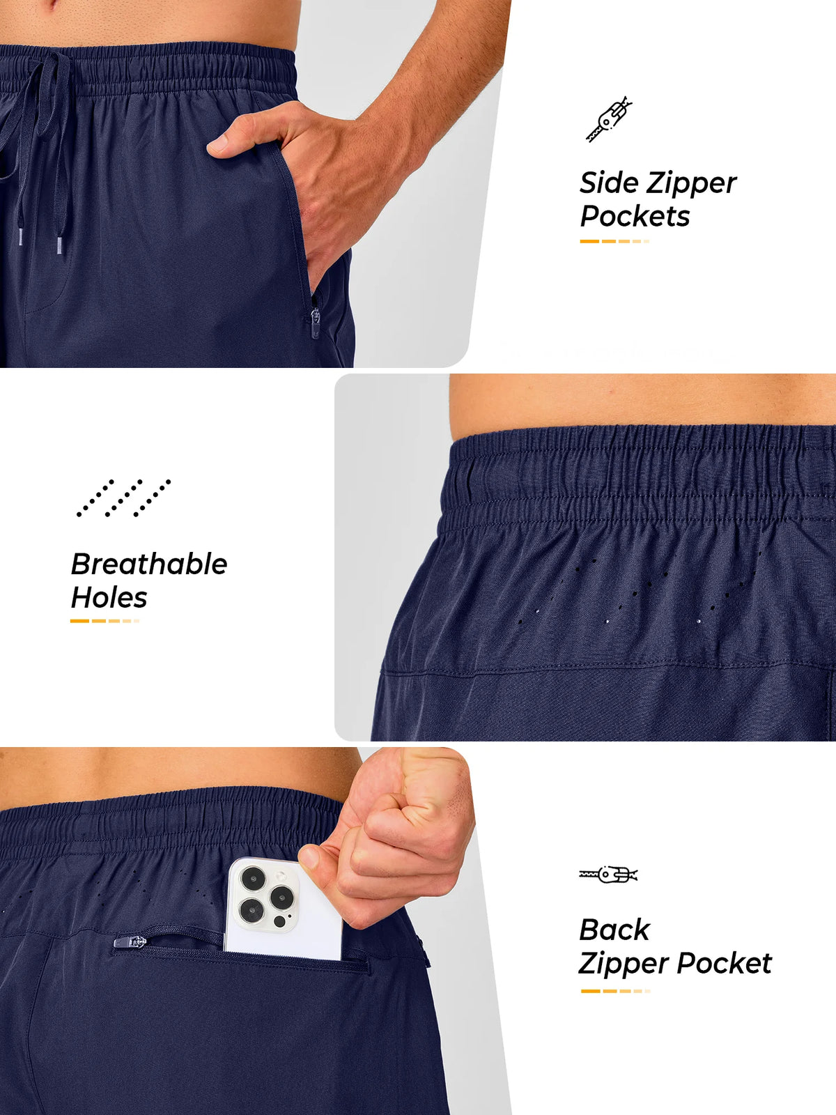 
Men's Tapered Running Workout Joggers with 3 Zipper Pockets — NORTHYARD men's navy tapered workout joggers, zipper pocket and ventilation details — navy
