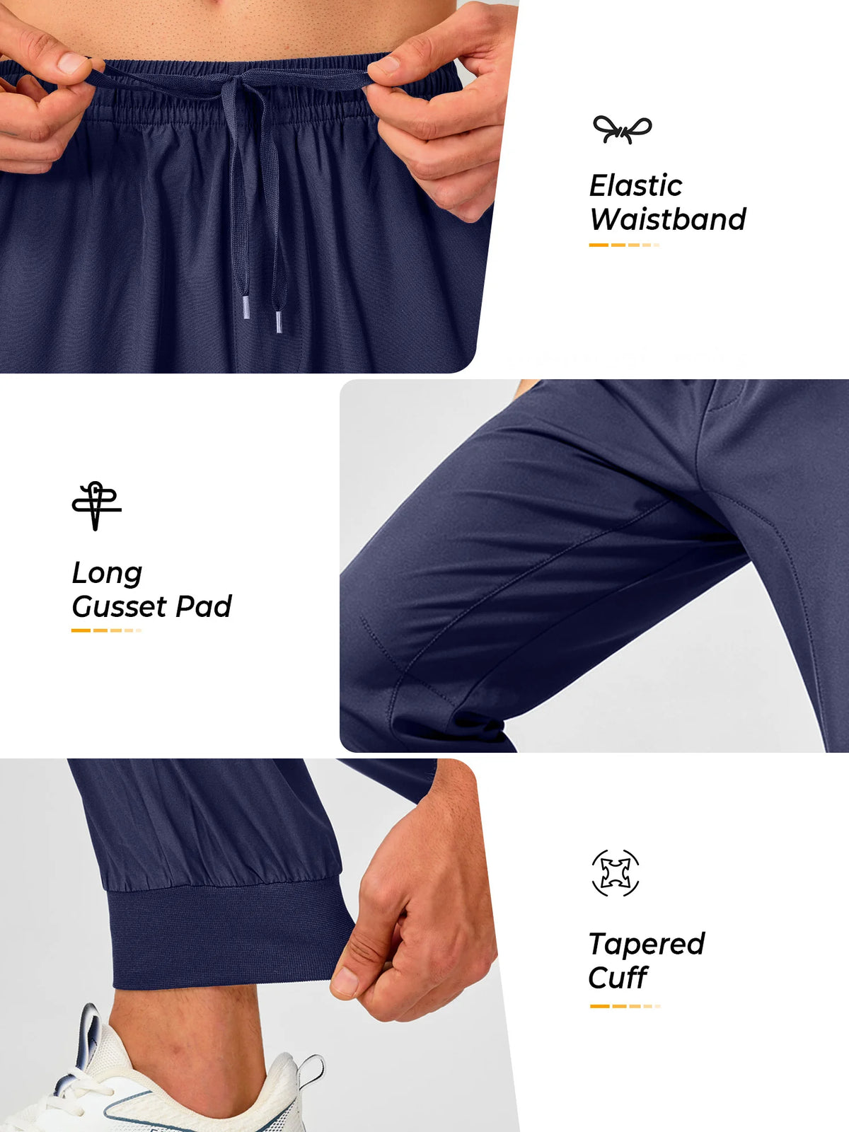 
Men's Tapered Running Workout Joggers with 3 Zipper Pockets — NORTHYARD men's navy tapered workout joggers, waistband, gusset and ankle cuff details — navy