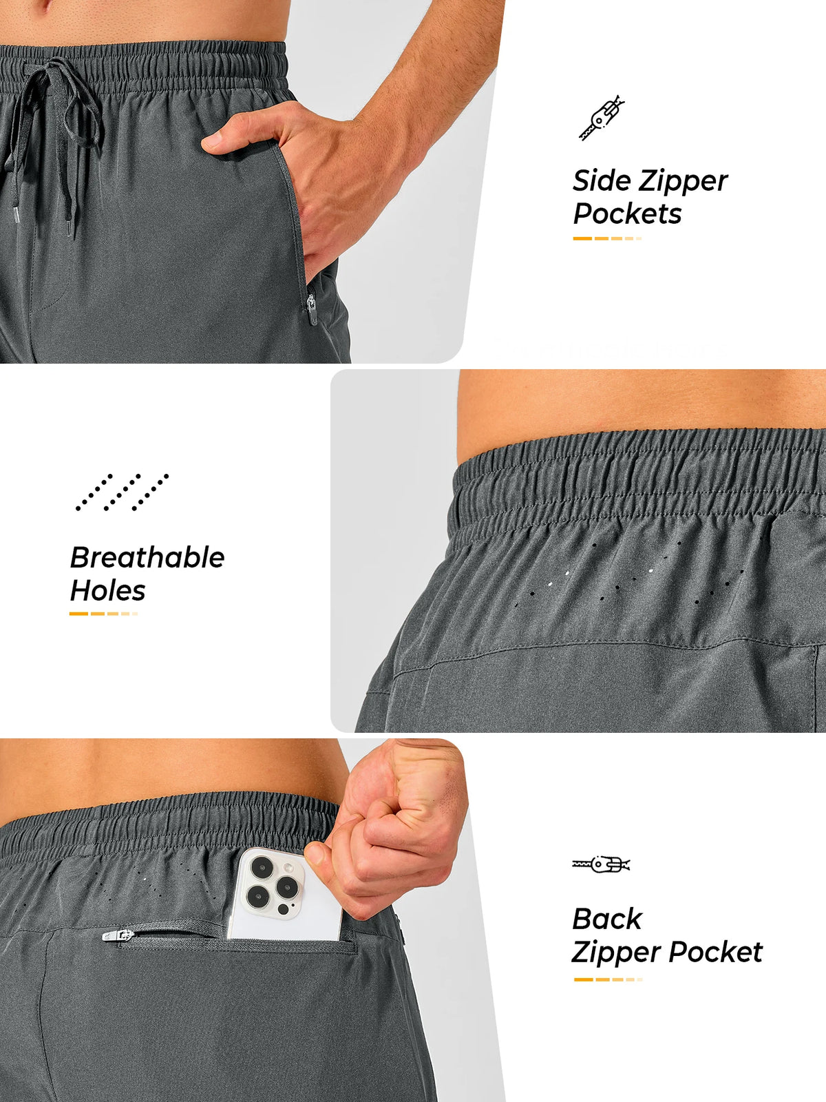 
Men's Tapered Running Workout Joggers with 3 Zipper Pockets — NORTHYARD men's smoke grey tapered workout joggers, zipper pocket and ventilation details — smoke grey