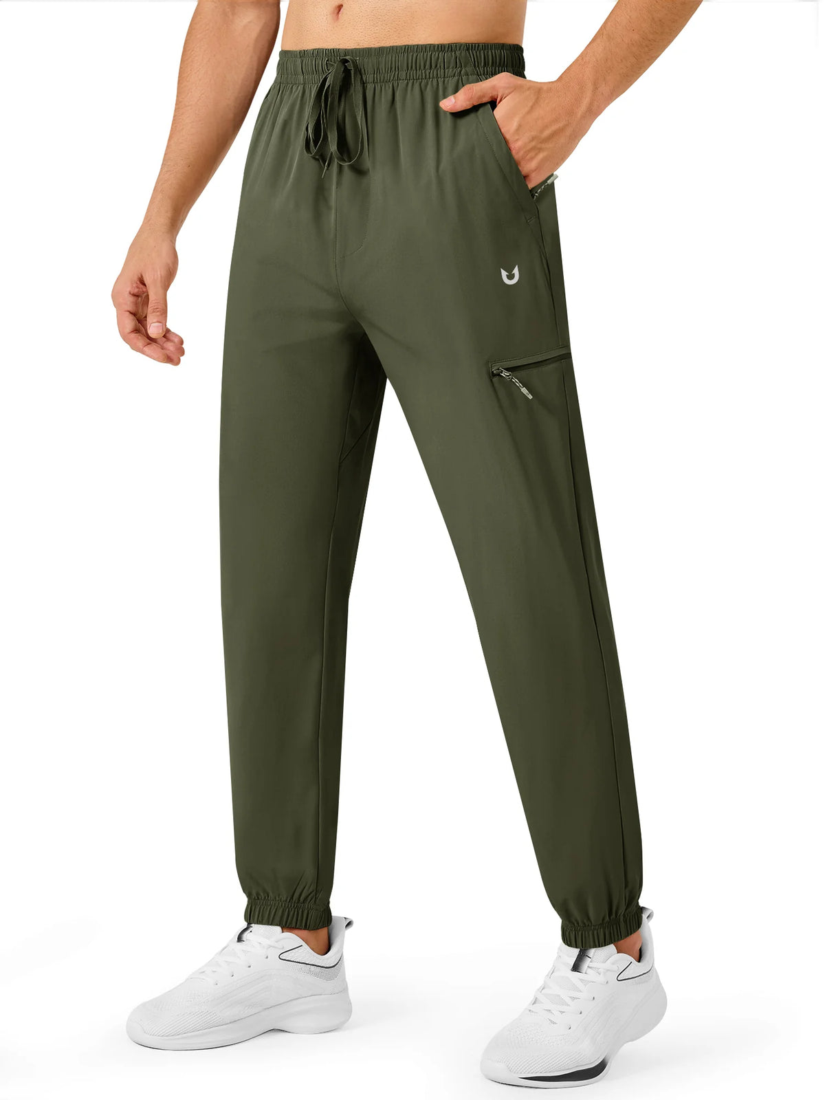 
Men's Lightweight Hiking Joggers with 4 Zipper Pockets — NORTHYARD men's army green hiking joggers, front view on model — army green