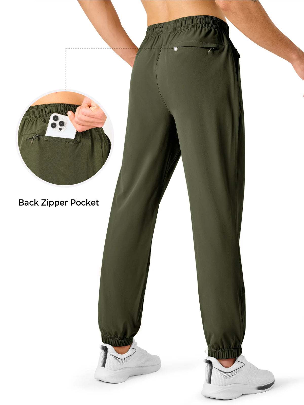 
Men's Lightweight Hiking Joggers with 4 Zipper Pockets — NORTHYARD men's army green hiking joggers, back view and pocket detail — army green