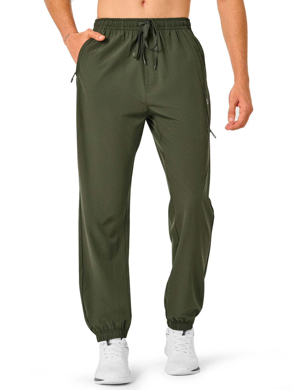 
Men's Lightweight Hiking Joggers with 4 Zipper Pockets — NORTHYARD men's army green hiking joggers, alternate front view on model — army green