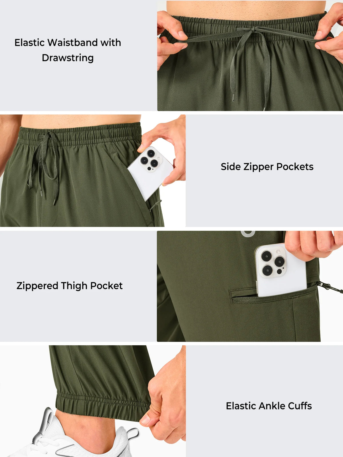 
Men's Lightweight Hiking Joggers with 4 Zipper Pockets — NORTHYARD men's army green hiking joggers, pocket, waistband and ankle cuff details — army green