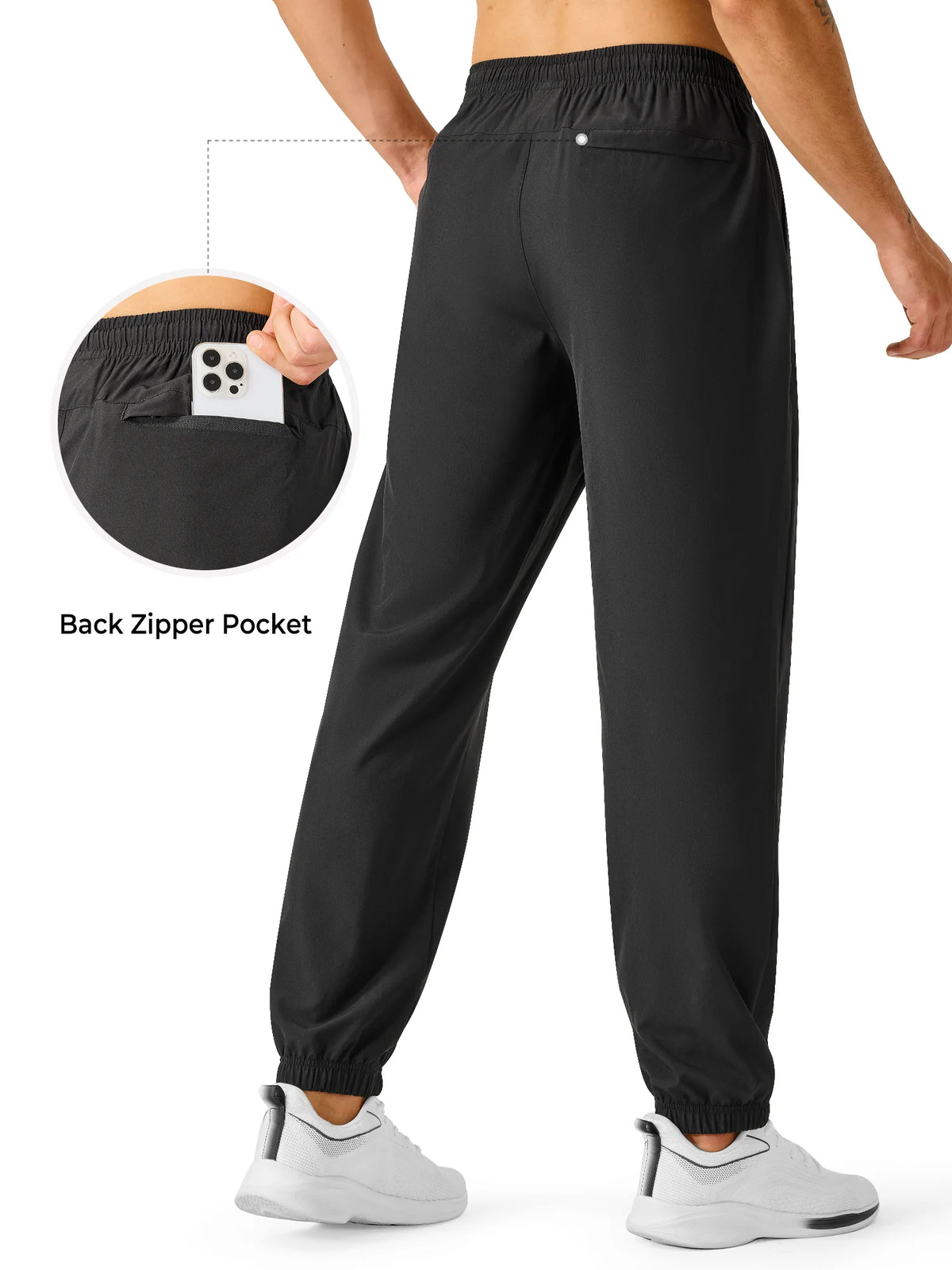 
Men's Lightweight Hiking Joggers with 4 Zipper Pockets — NORTHYARD men's black hiking joggers, back view and pocket detail — black