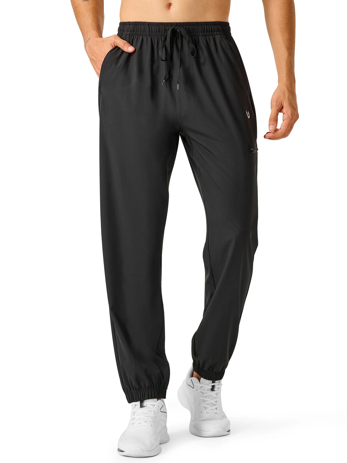 
Men's Lightweight Hiking Joggers with 4 Zipper Pockets — NORTHYARD men's black hiking joggers, alternate front view on model — black