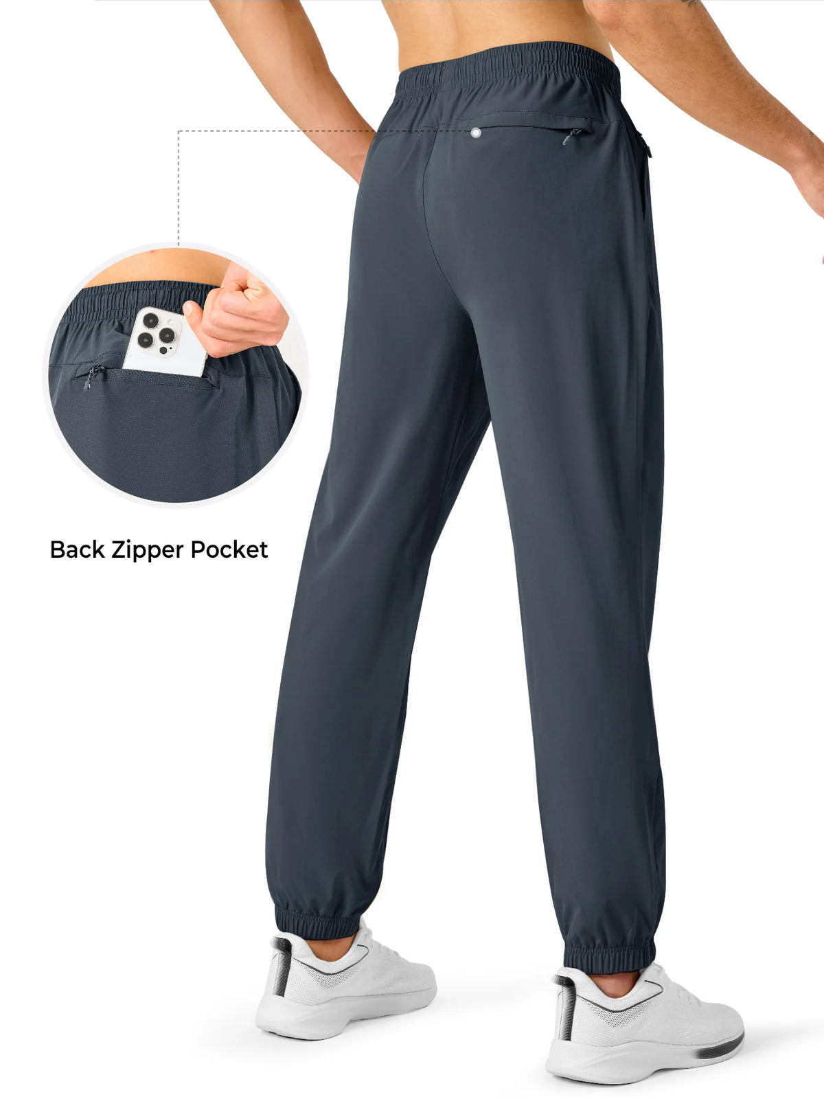 
Men's Lightweight Hiking Joggers with 4 Zipper Pockets — NORTHYARD men's cool grey hiking joggers, back view and pocket detail — cool grey