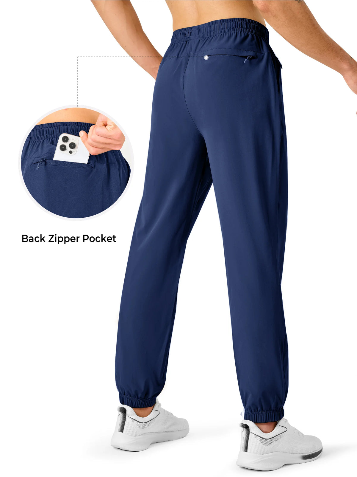 
Men's Lightweight Hiking Joggers with 4 Zipper Pockets — NORTHYARD men's dark blue hiking joggers, back view and pocket detail — dark blue