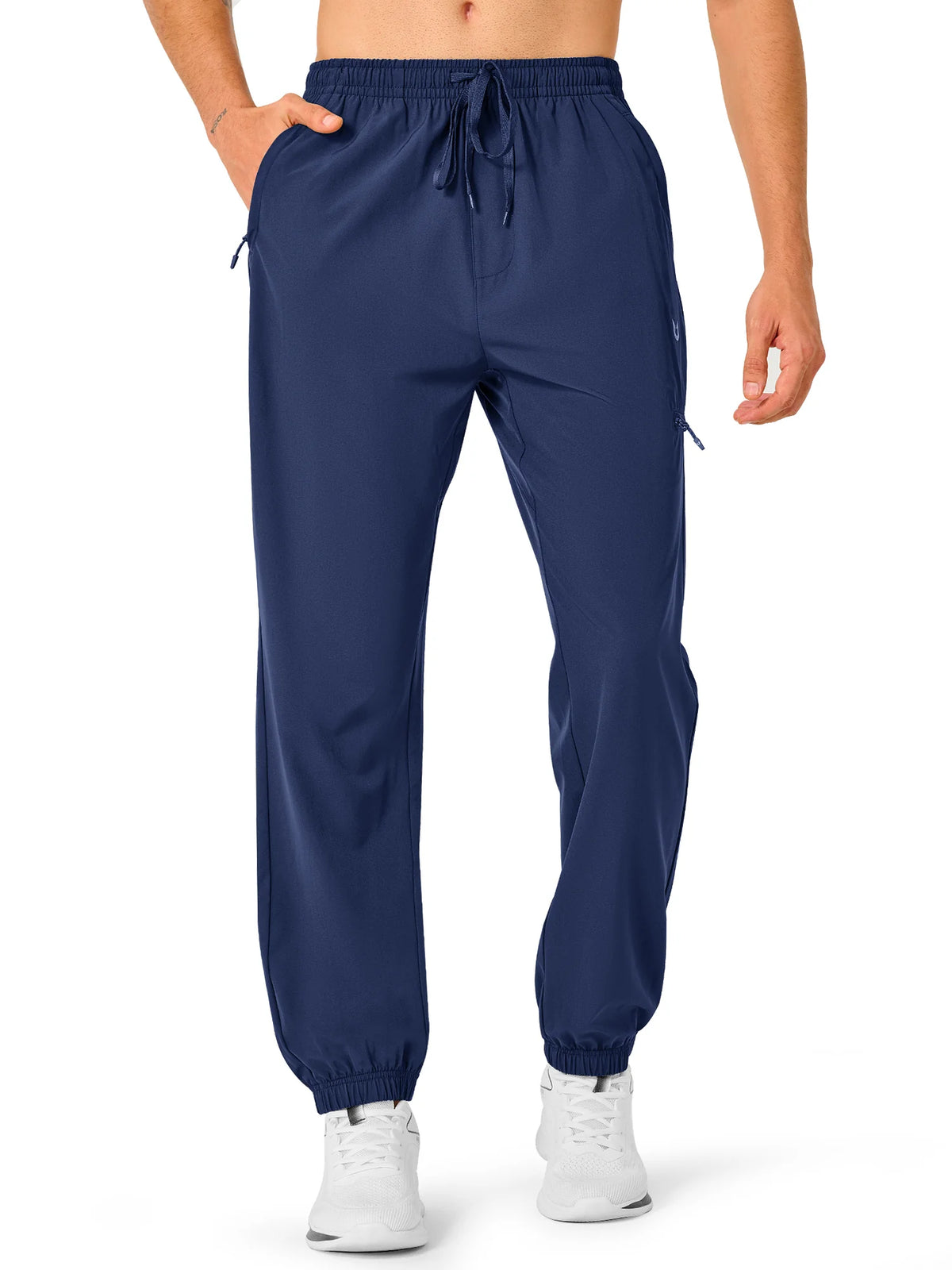 
Men's Lightweight Hiking Joggers with 4 Zipper Pockets — NORTHYARD men's dark blue hiking joggers, alternate front view on model — dark blue