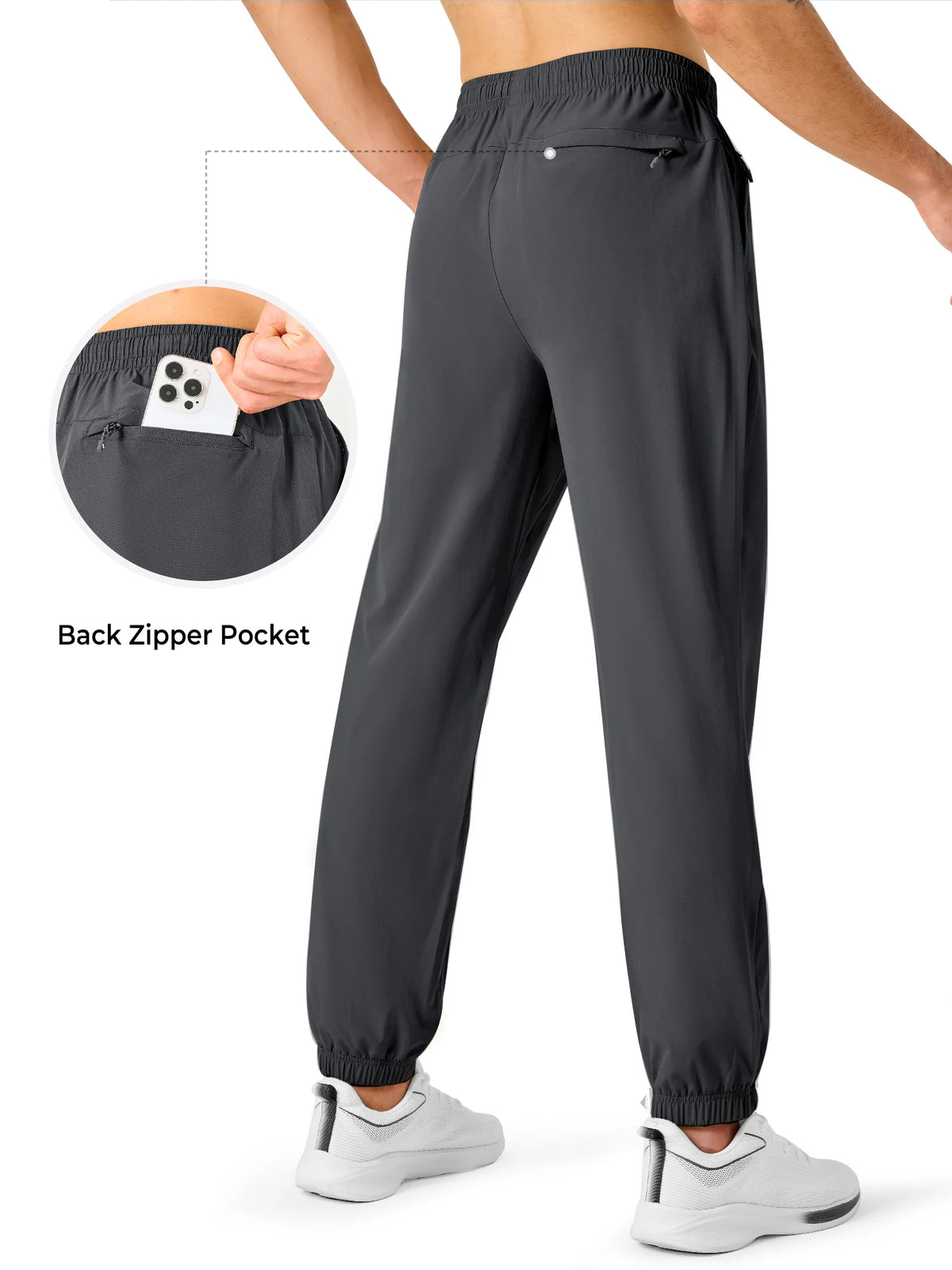 
Men's Lightweight Hiking Joggers with 4 Zipper Pockets — NORTHYARD men's dark grey hiking joggers, back view and pocket detail — dark grey