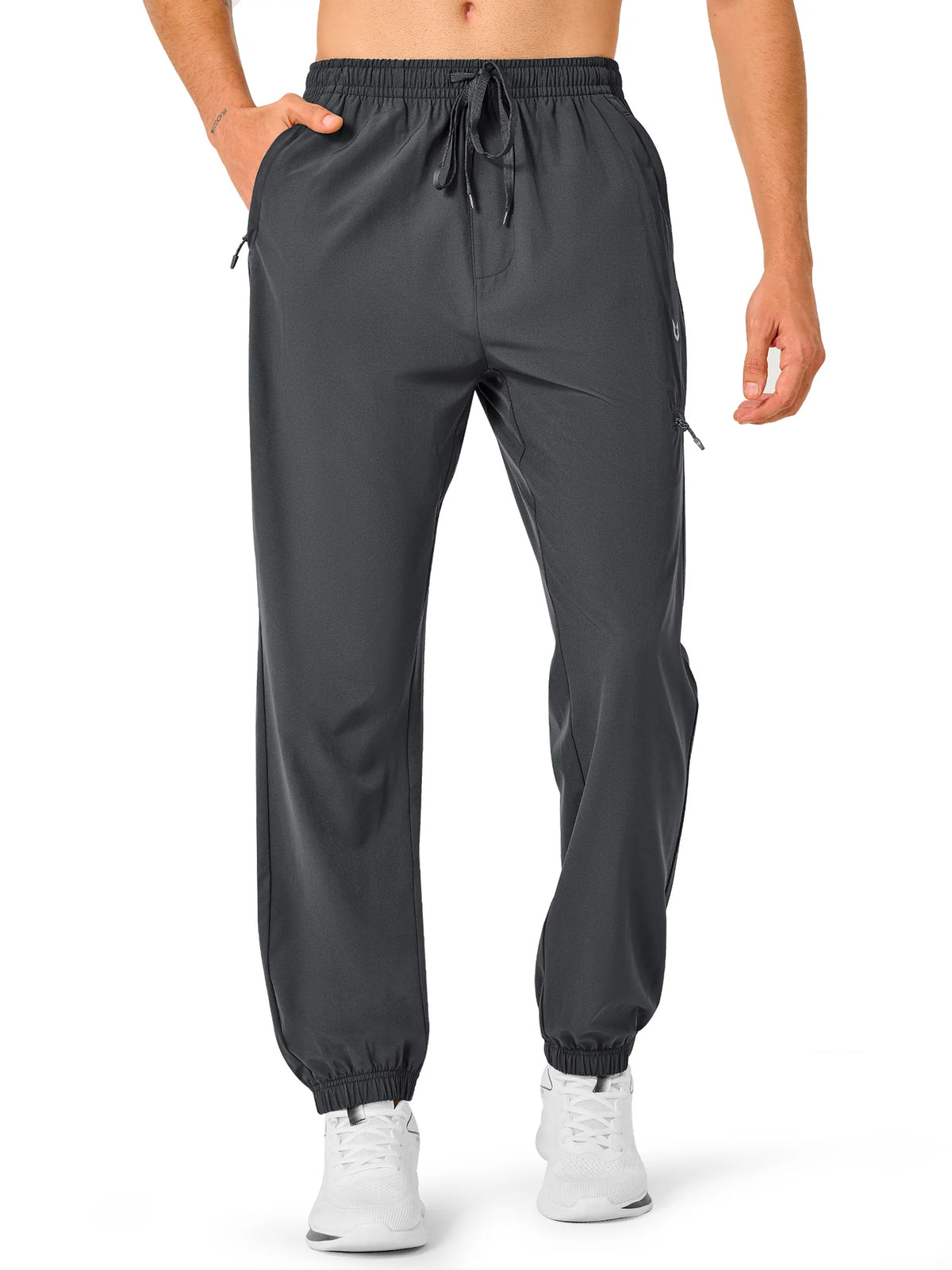 
Men's Lightweight Hiking Joggers with 4 Zipper Pockets — NORTHYARD men's dark grey hiking joggers, alternate front view on model — dark grey