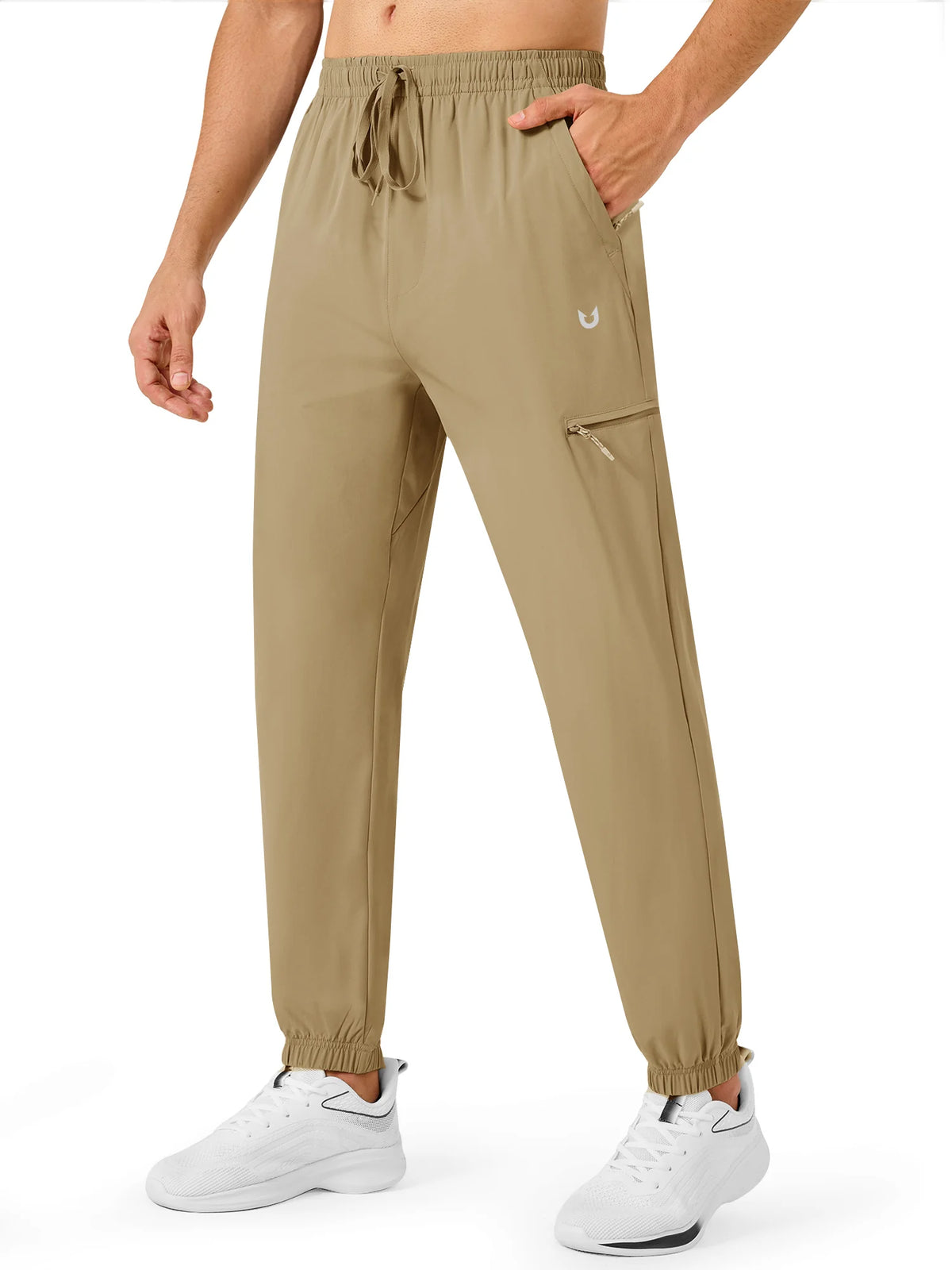 
Men's Lightweight Hiking Joggers with 4 Zipper Pockets — NORTHYARD men's khaki hiking joggers, front view on model — khaki