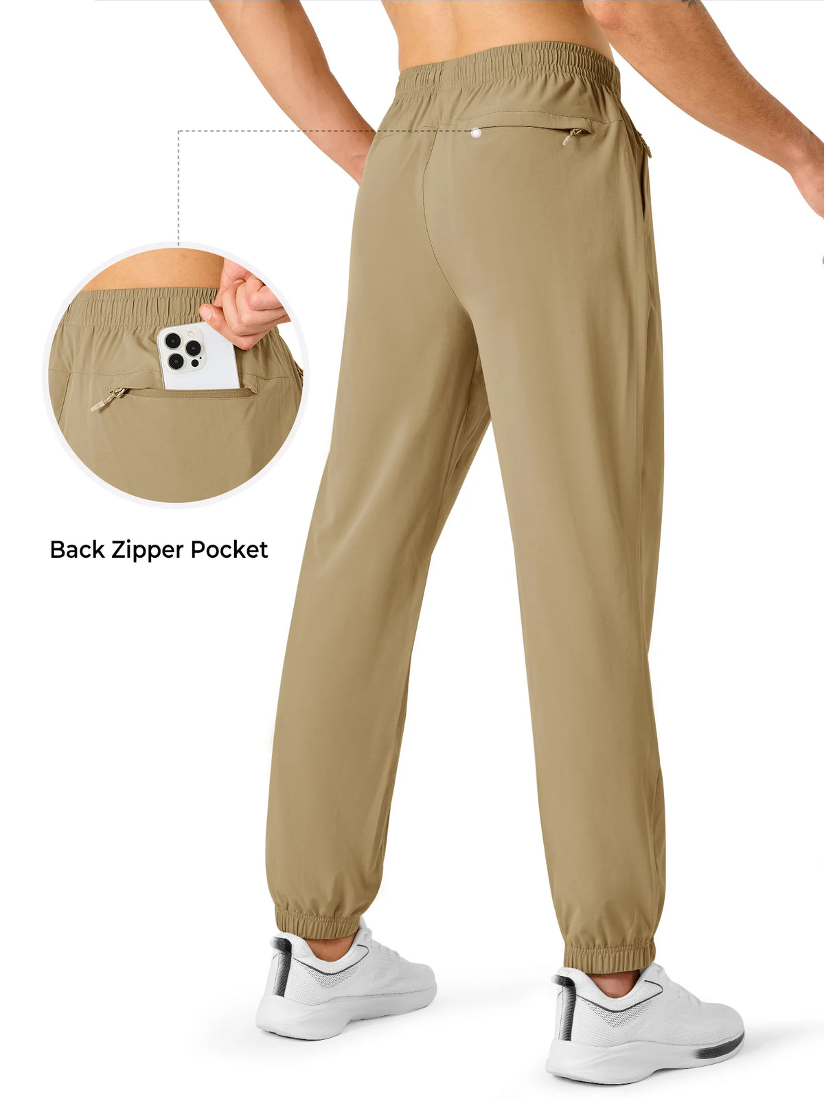 
Men's Lightweight Hiking Joggers with 4 Zipper Pockets — NORTHYARD men's khaki hiking joggers, back view and pocket detail — khaki
