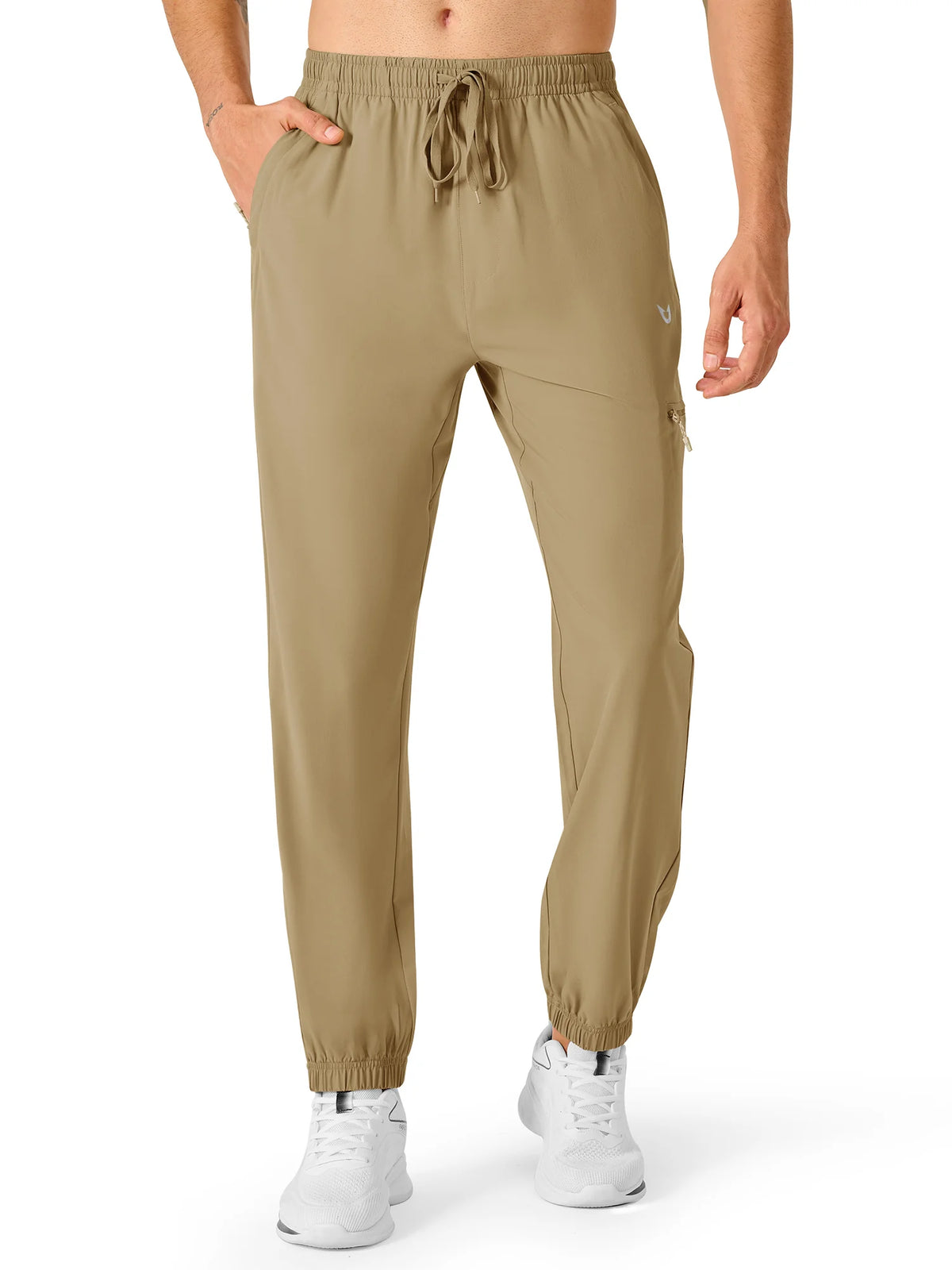 
Men's Lightweight Hiking Joggers with 4 Zipper Pockets — NORTHYARD men's khaki hiking joggers, alternate front view on model — khaki
