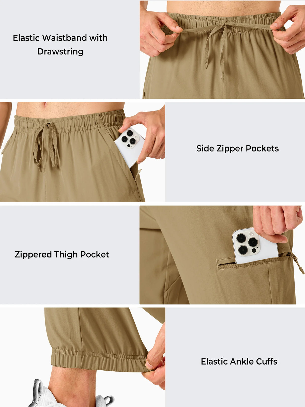 
Men's Lightweight Hiking Joggers with 4 Zipper Pockets — NORTHYARD men's khaki hiking joggers, pocket, waistband and ankle cuff details — khaki