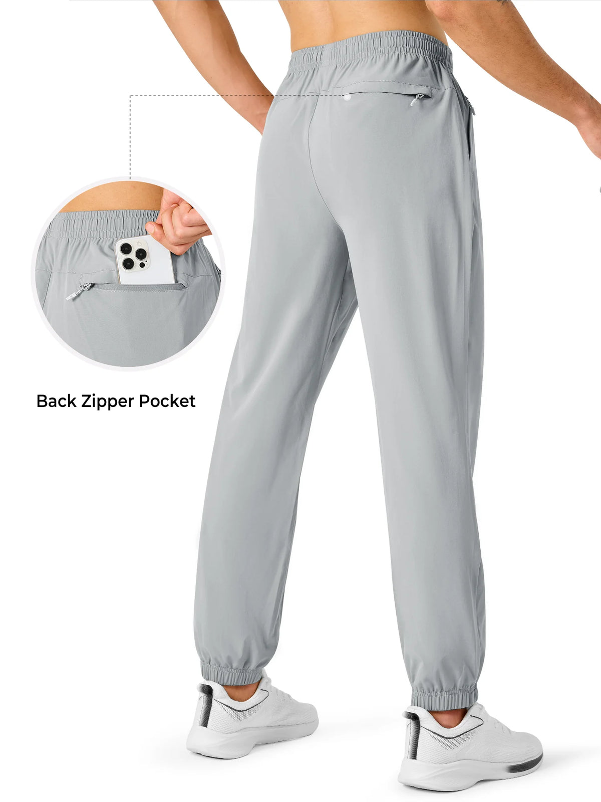 
Men's Lightweight Hiking Joggers with 4 Zipper Pockets — NORTHYARD men's light grey hiking joggers, back view and pocket detail — light grey