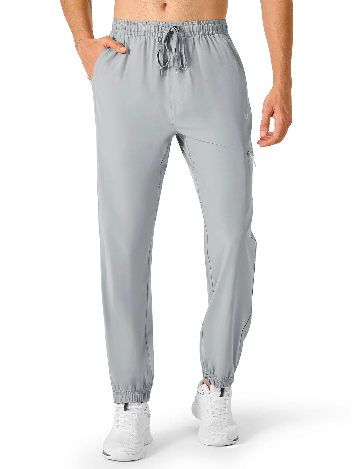 
Men's Lightweight Hiking Joggers with 4 Zipper Pockets — NORTHYARD men's light grey hiking joggers, alternate front view on model — light grey