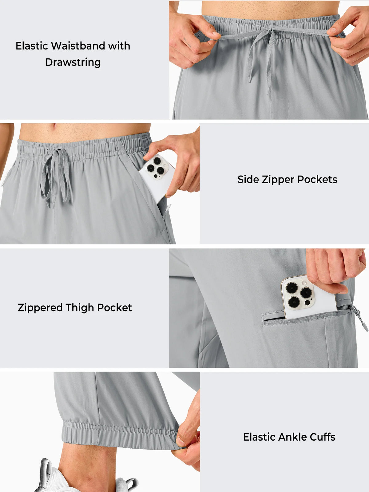 
Men's Lightweight Hiking Joggers with 4 Zipper Pockets — NORTHYARD men's light grey hiking joggers, pocket, waistband and ankle cuff details — light grey