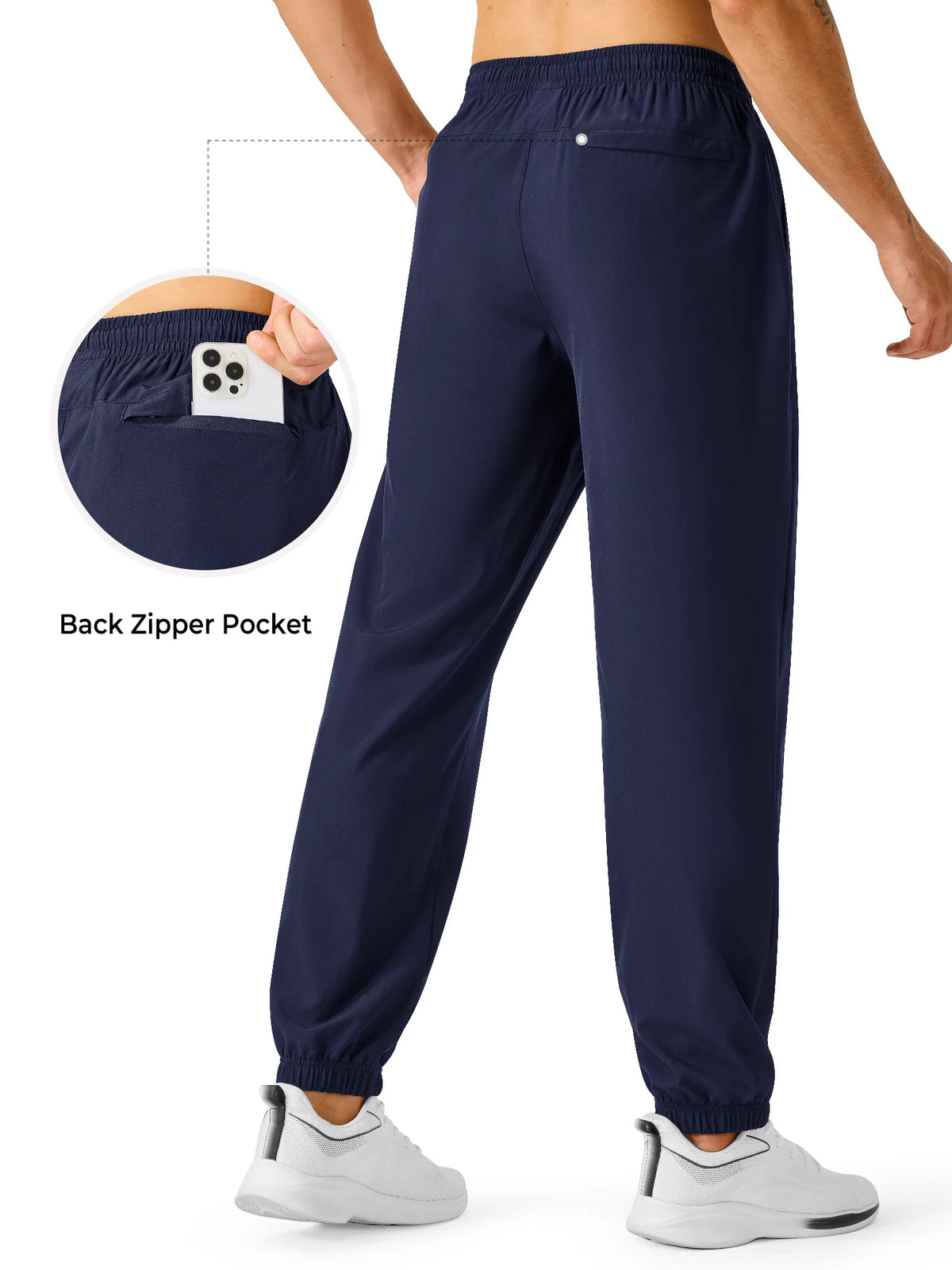 
Men's Lightweight Hiking Joggers with 4 Zipper Pockets — NORTHYARD men's navy hiking joggers, back view and pocket detail — navy