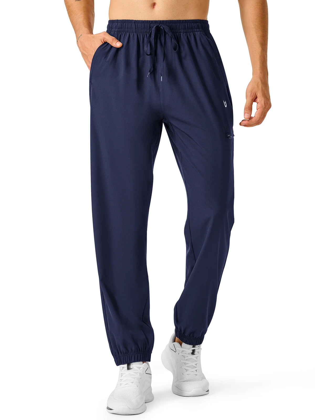 
Men's Lightweight Hiking Joggers with 4 Zipper Pockets — NORTHYARD men's navy hiking joggers, alternate front view on model — navy