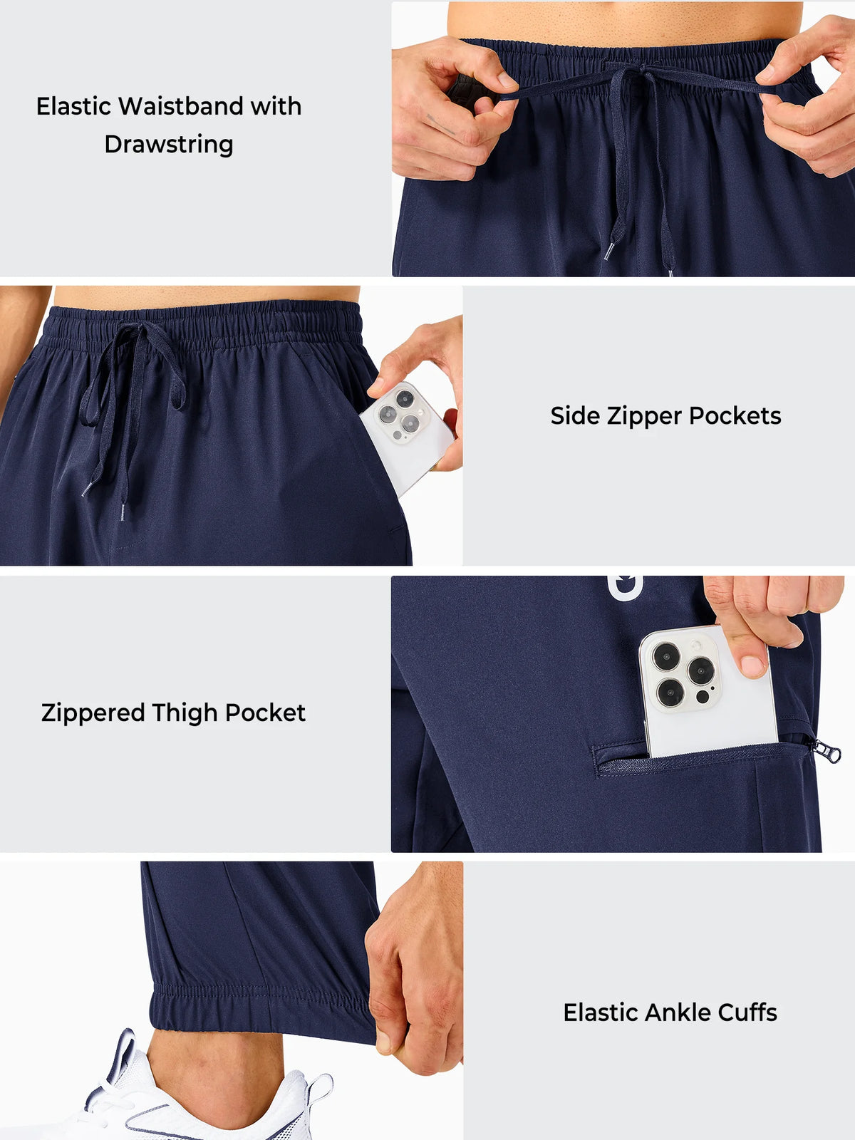 
Men's Lightweight Hiking Joggers with 4 Zipper Pockets — NORTHYARD men's navy hiking joggers, pocket, waistband and ankle cuff details — navy